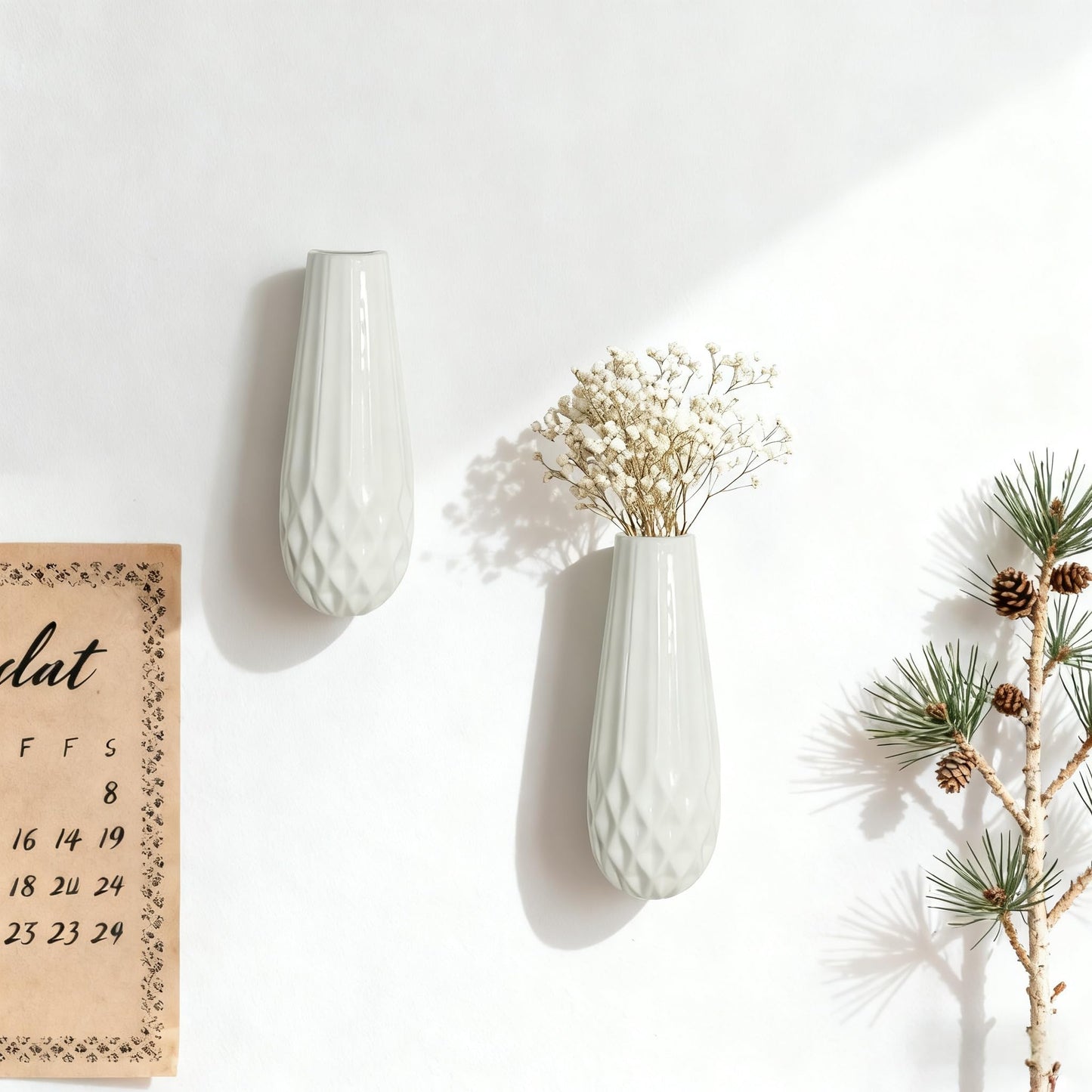 DOCFLVAS Wall Ceramic Vase — 2 Pack Textured Matte White Hanging Vase | Modern Minimalist Ceramic Wall-Mounted Vase for Single Stems & Dried Flowers