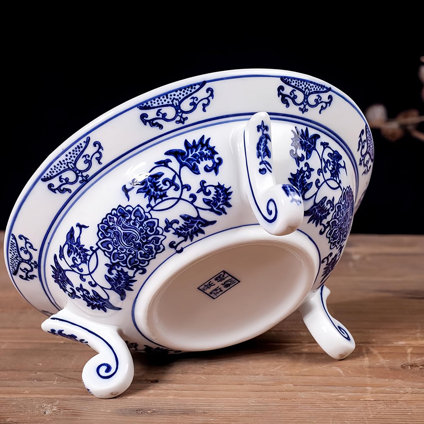 YYMayLsh Decorative Porcelain Fruit Bowl, Blue and White Chinoiserie Design, 10.2x3.9 inches