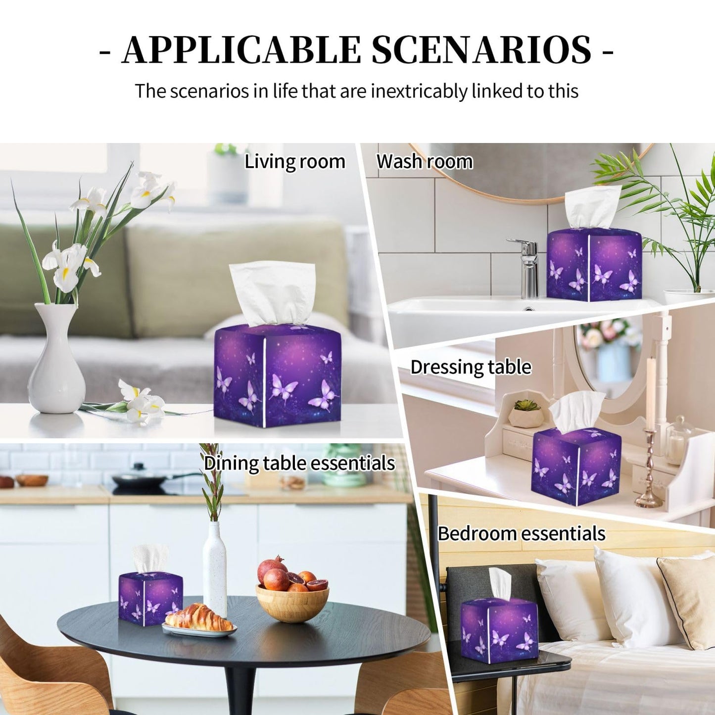 Square Tissue Boxes(5.2"x5.2"x5.2"), Firework Star Purple Butterfly Tissue Holder Decor for Vanity Countertop/Home/Car/Office