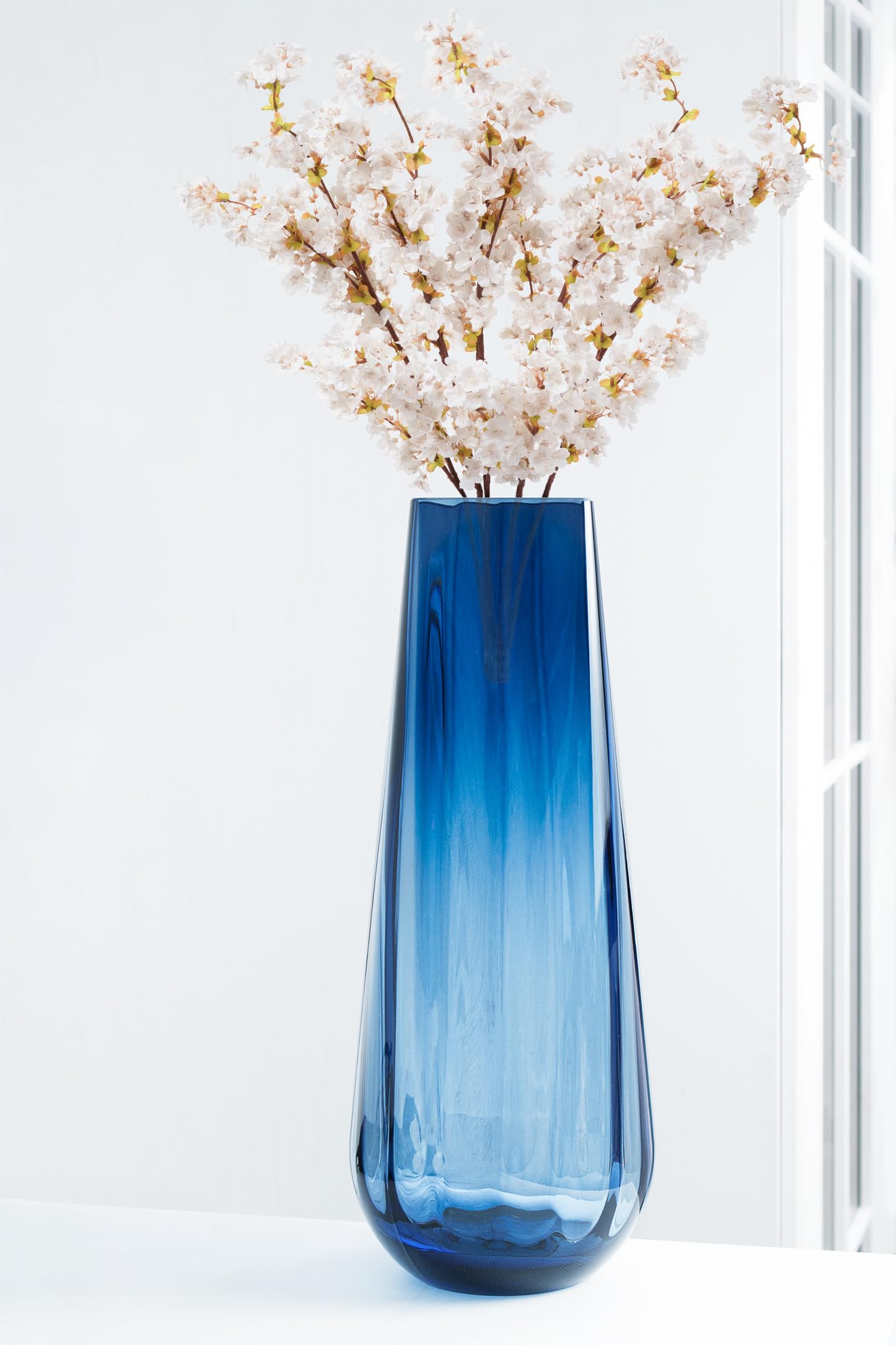 Flower Vase - Glass - Blue - Colored - Thick - 13.9" H - Square Top - Optic Design - European Made - by Barski