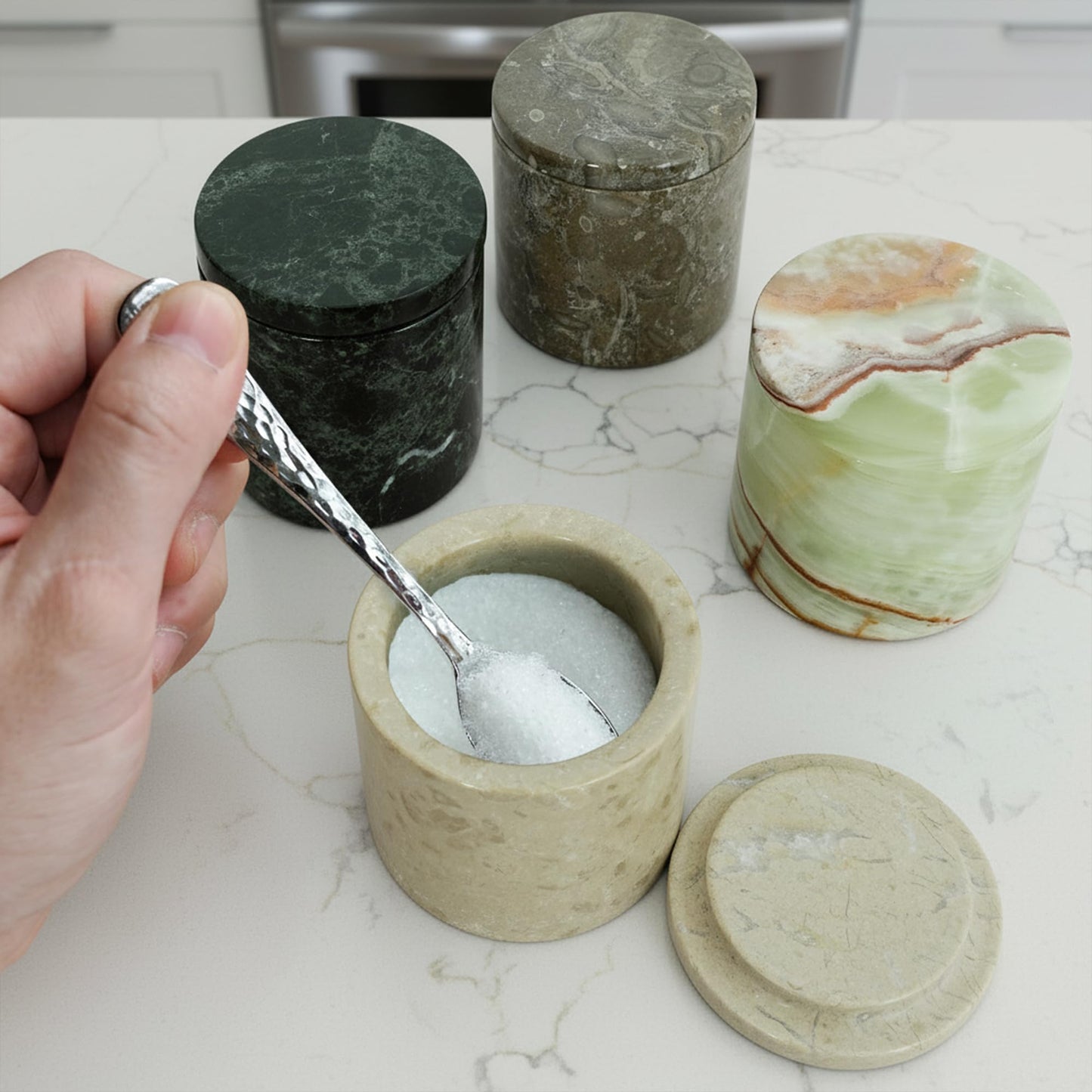 UrbanFocal Marble Salt Cellar With Lid Salt 3" Inch, Seasoning Container And Spice, Candy, Herbs Storage Box, Salt Holder For Counter, Spice Jar, Verona