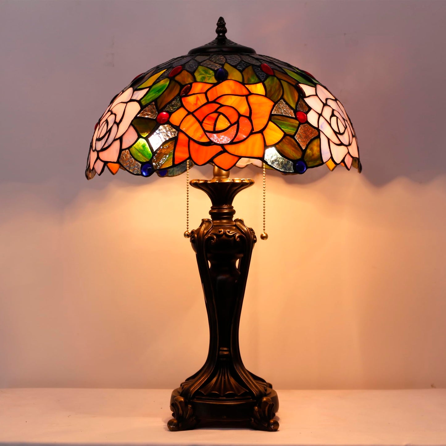 ANYONGLU Tiffany Lamp(2 Lights) Stained Glass Table Lamp Bedside Desk Reading Light 16X16X24 Inch Decor Bedroom Living Room Home Office (Purple Orange Rose)