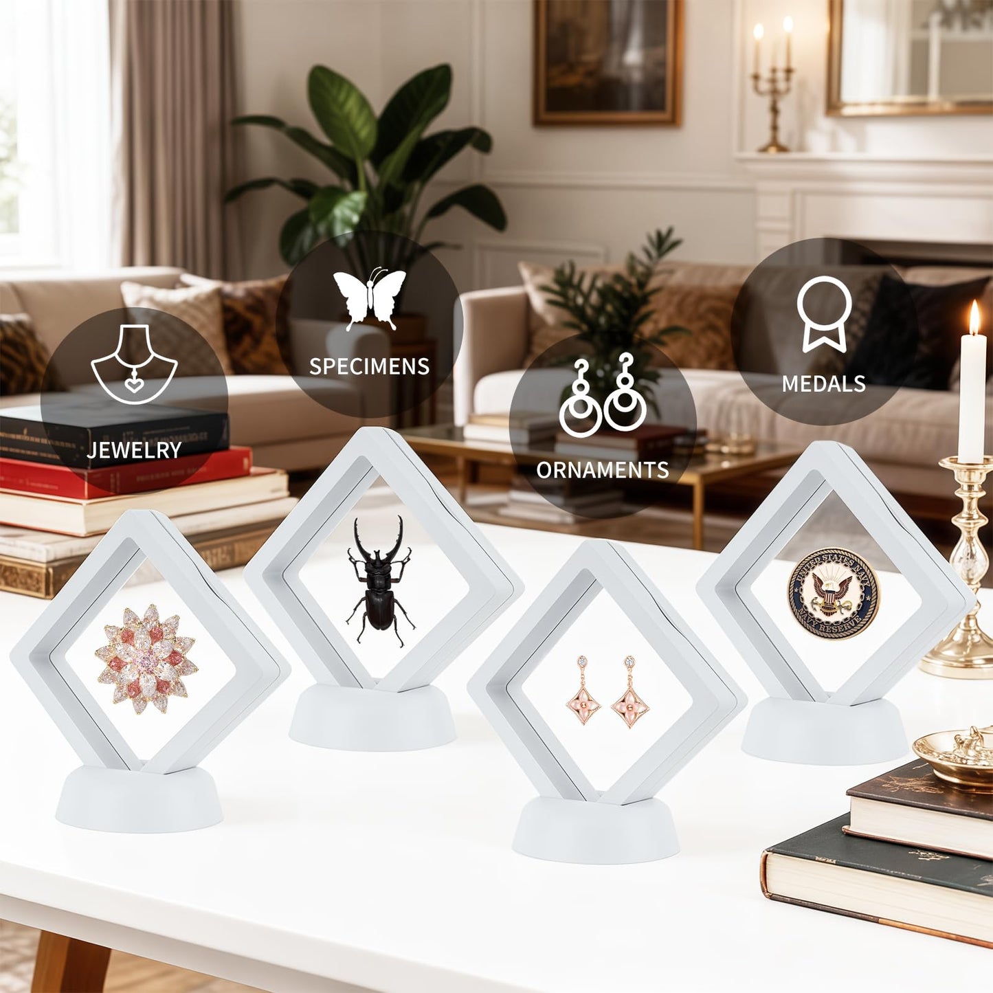 80 Pcs 3D Floating Frame Display Case, Challenge Coin Display Holder Stands, Clear PE Film Jewelry Shadow Box for Pins, AA Medallion, Military Medal, Shells, Rocks, Fossils, 2.8x2.8x0.8 Inch, White.