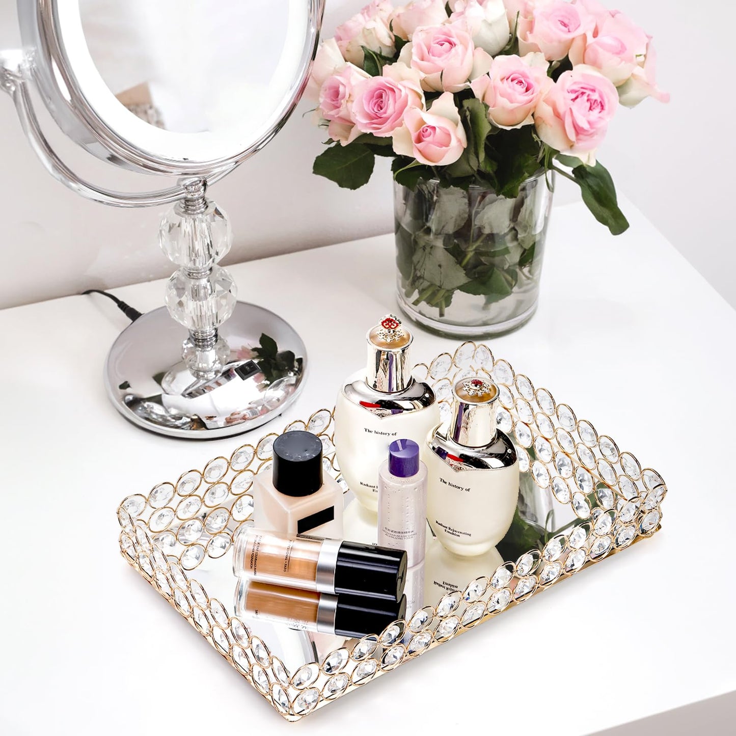 Hedume Crystal Vanity Tray, 12.3" x 8" Mirrored Cosmetic Makeup Tray, Large Jewelry Trinket Organizer Tray, Ornate Decorative Tray for Dresser Countertop Wedding Home Bathroom