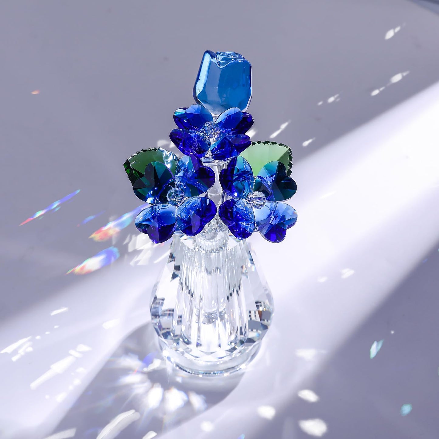 Crystal Rose Flower Figurine with Vase, Handmade Glass Flower Gifts for Woman, Wedding Gifts for Wife, Home Party Decorations (Blue)