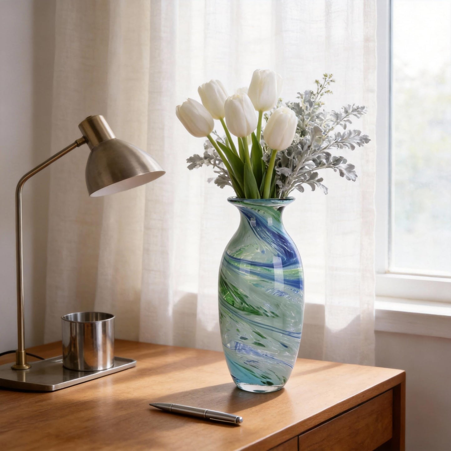 Hand Blown Glass vase, Blue Green Wide Mouth vase, Contemporary Glass Art Suitable for Display on Living Room Dining Tables, in Offices, bathrooms, Coffee Tables and hallways.