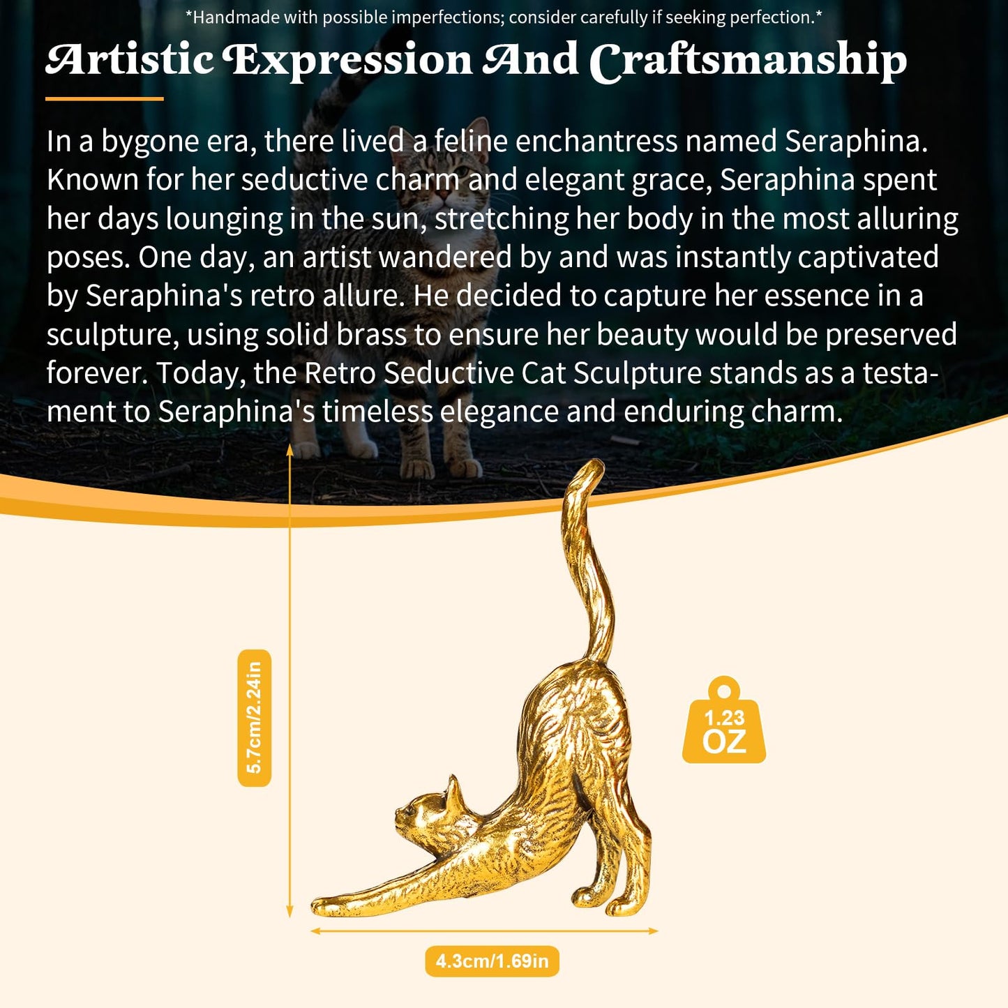 CHOVY Retro Seductive Cat Sculpture-Elegant Stretched Pose 100% Solid Brass Handcrafted - Ideal Home Decor Desk Ornament Collectible Art Piece Office Accent Artistic Scene Decoration