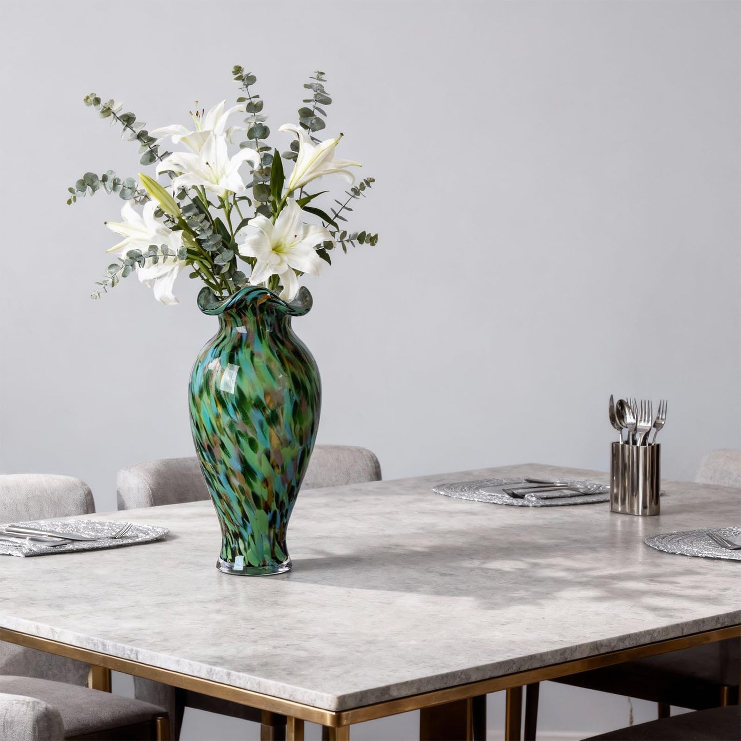 Hand-Blown Decorative Green Glass vase, Unique Green Glass vase, Modern Art Home Decor, Perfect as a Centerpiece for Living Room Dining Tables, Display on TV cabinets, or Wedding Floral Arrangements.