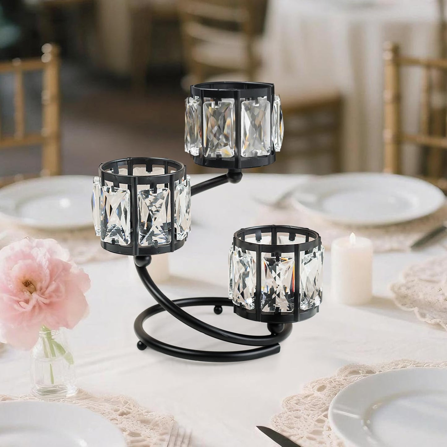 Metal 3 Arm Crystal Candle Holder - Tea Light Centerpiece Candle Holder, Votive Holder with Sparkling Crystal Bowl, Suitable for Wedding, Table Centerpiece, Home Decor (1, 3 arm-Black)