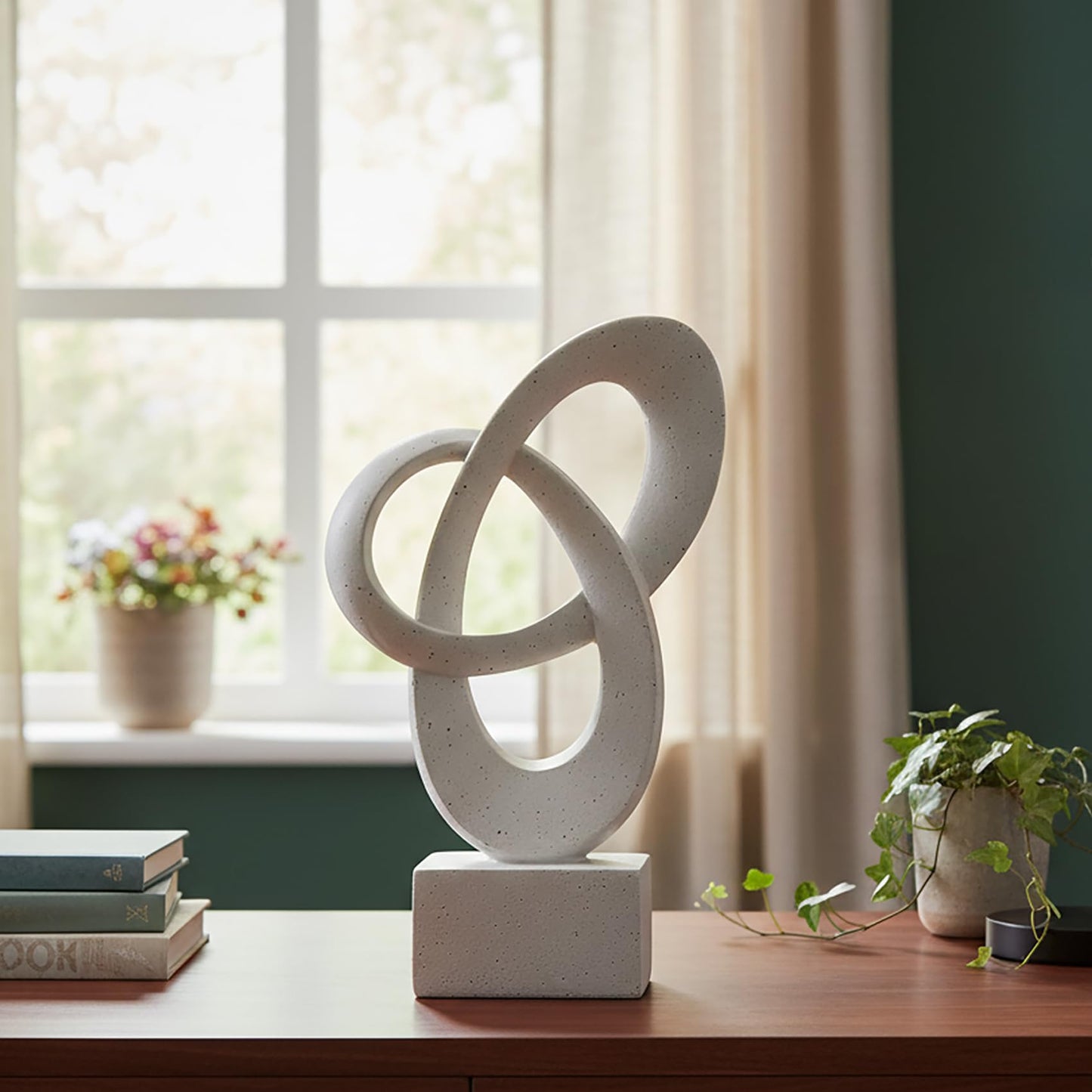WeiRanHuiWu Abstract Interlocking Rings Sculpture, White Speckled Resin, 9.45in Tall, Modern Decor on Square Base