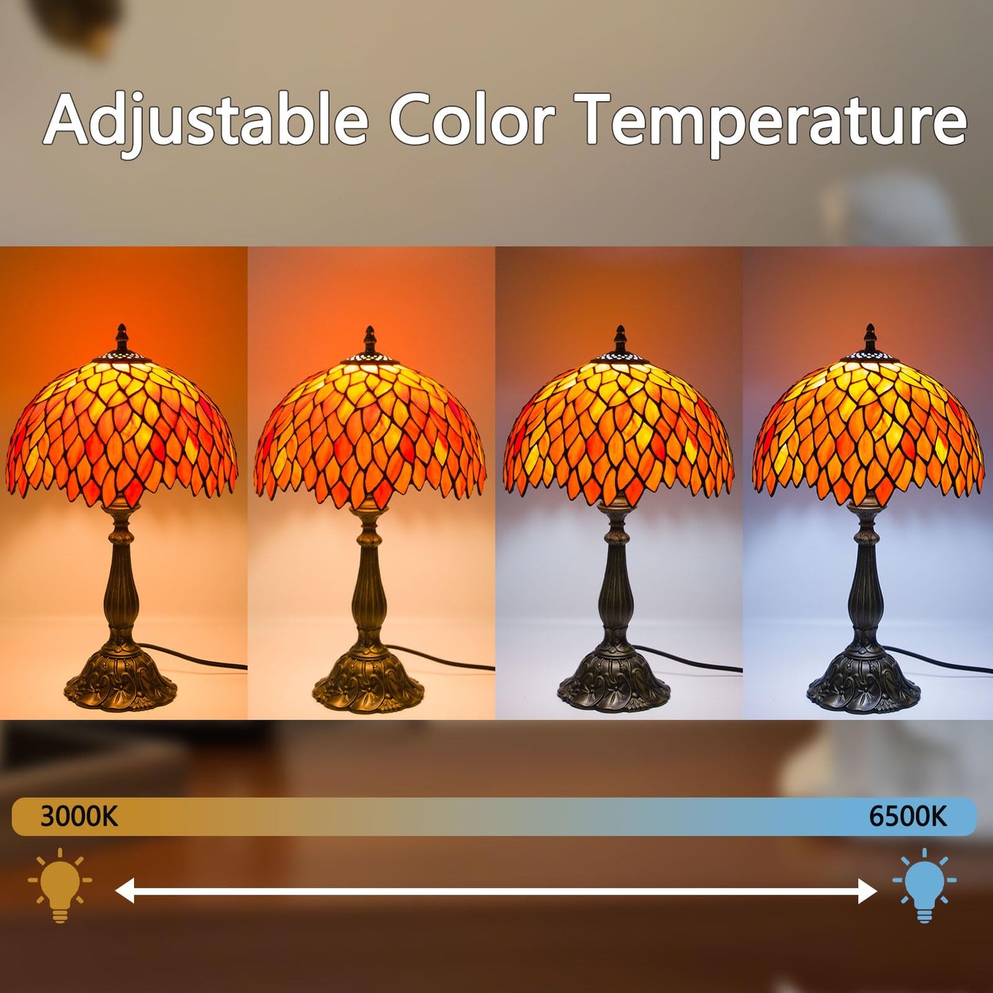 Crefotu 12 Inch Tiffany Table Lamps with Remote Control, Stained Glass Lamp with Stepless Dimmable Colors Temperature & Brightness for Living Room Bedroom Office, 9W Bulb Included (Orange)