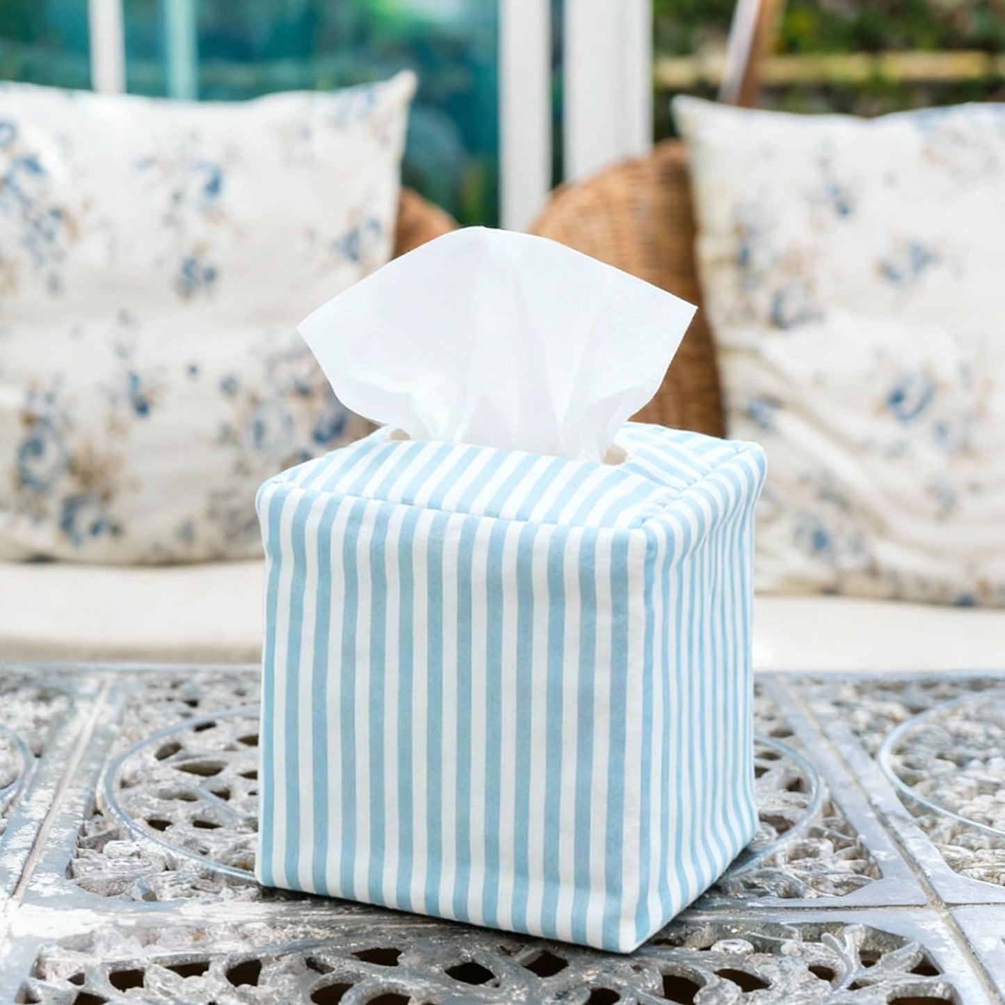 Potchen Tissue Box Cover Decorative Beach Square Napkin Holder Stylish Toilet Paper Storage Light Blue and White Stripe Tissue Box Cover for Summer Home Bedroom Living Room Bathroom Office Kitchen