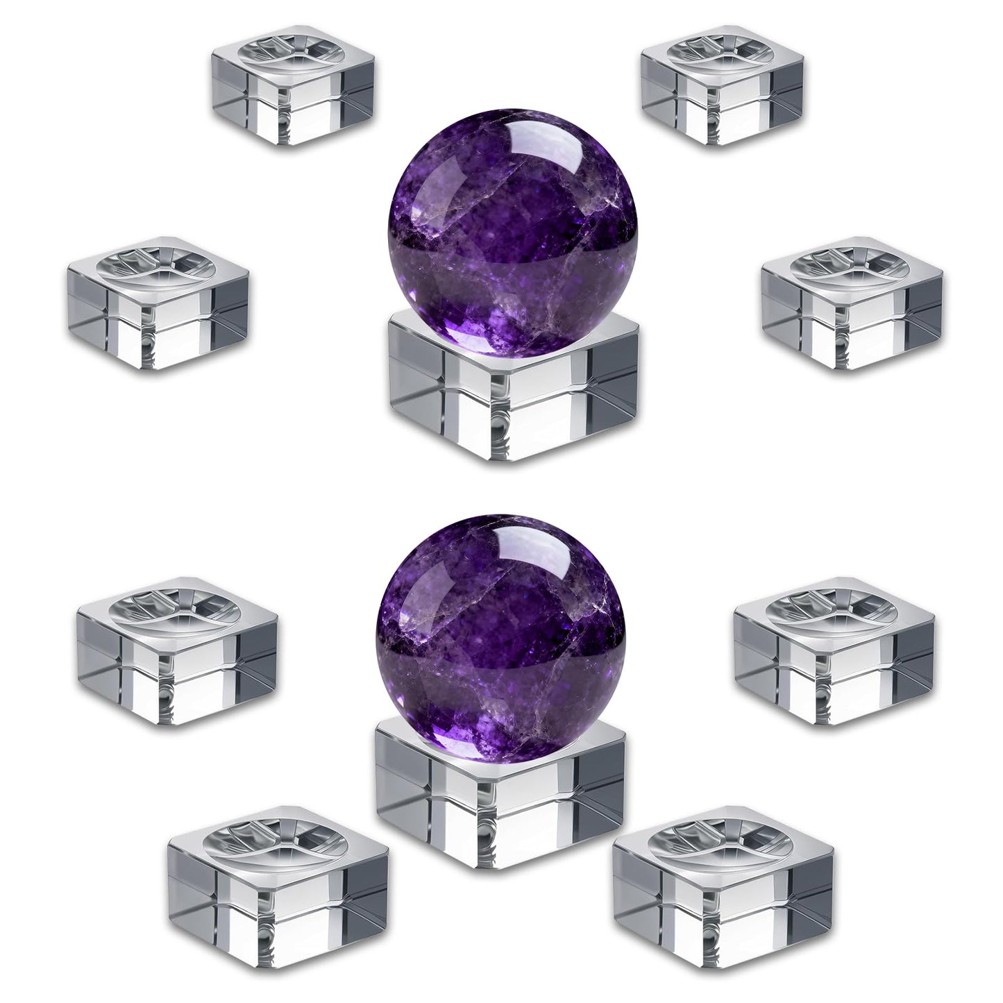 GeryVtee 10PCS Clear Crystal Ball Stand Square Crystal Display Bases Ball Stand for 30-90mm 3D Crystals Spheres Easter Egg Golf Ball Acrylic Home Decoration (5 Size)