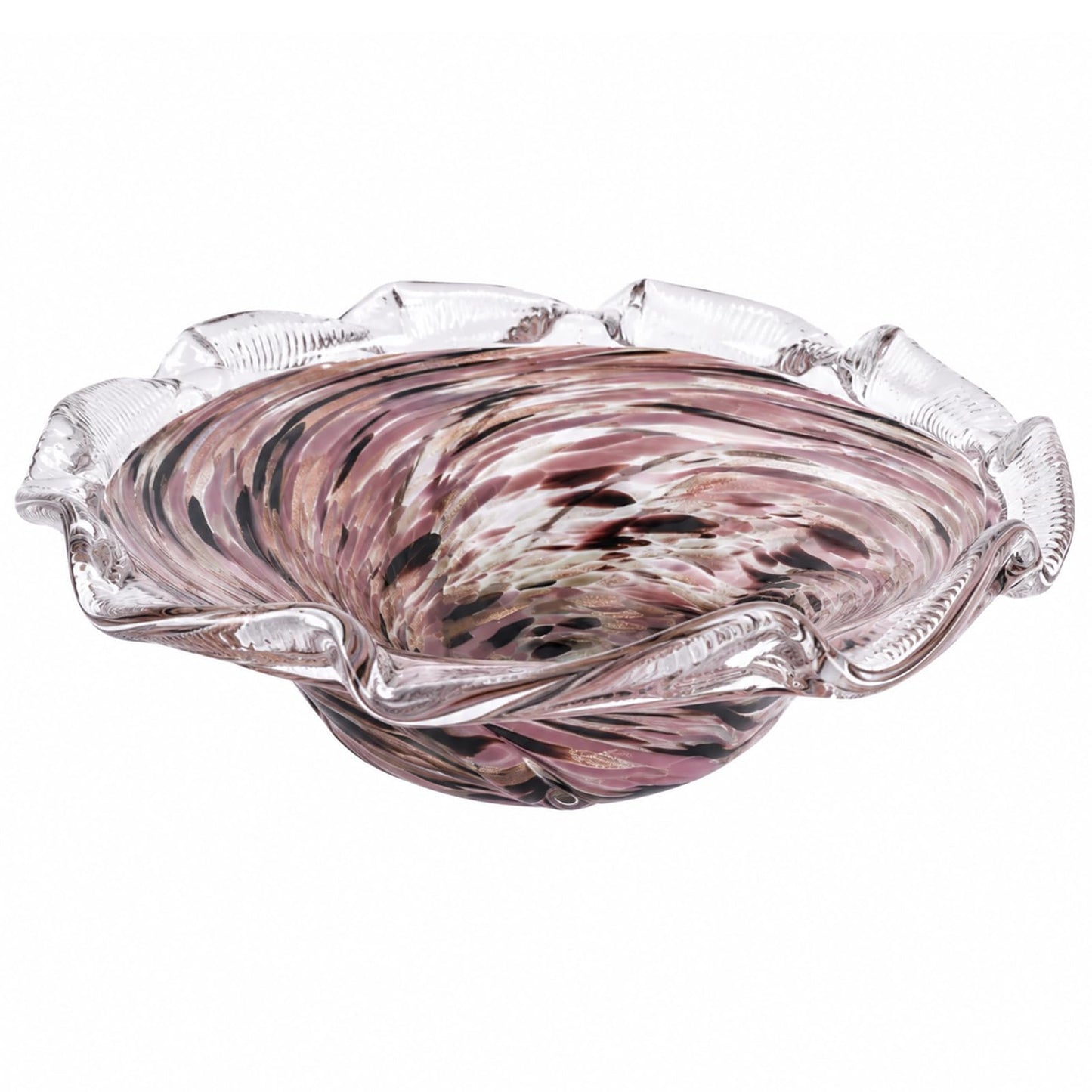 Large Hand Blown Glass Bowl, Ocean Wave Ruffled Rim Decorative Fruit Bowl, Swirled Blown Glass Centerpiece Bowl Glass, Blown Glass Art for Kitchen Counter Fruit Display or Office Candy Bowl (Pink)