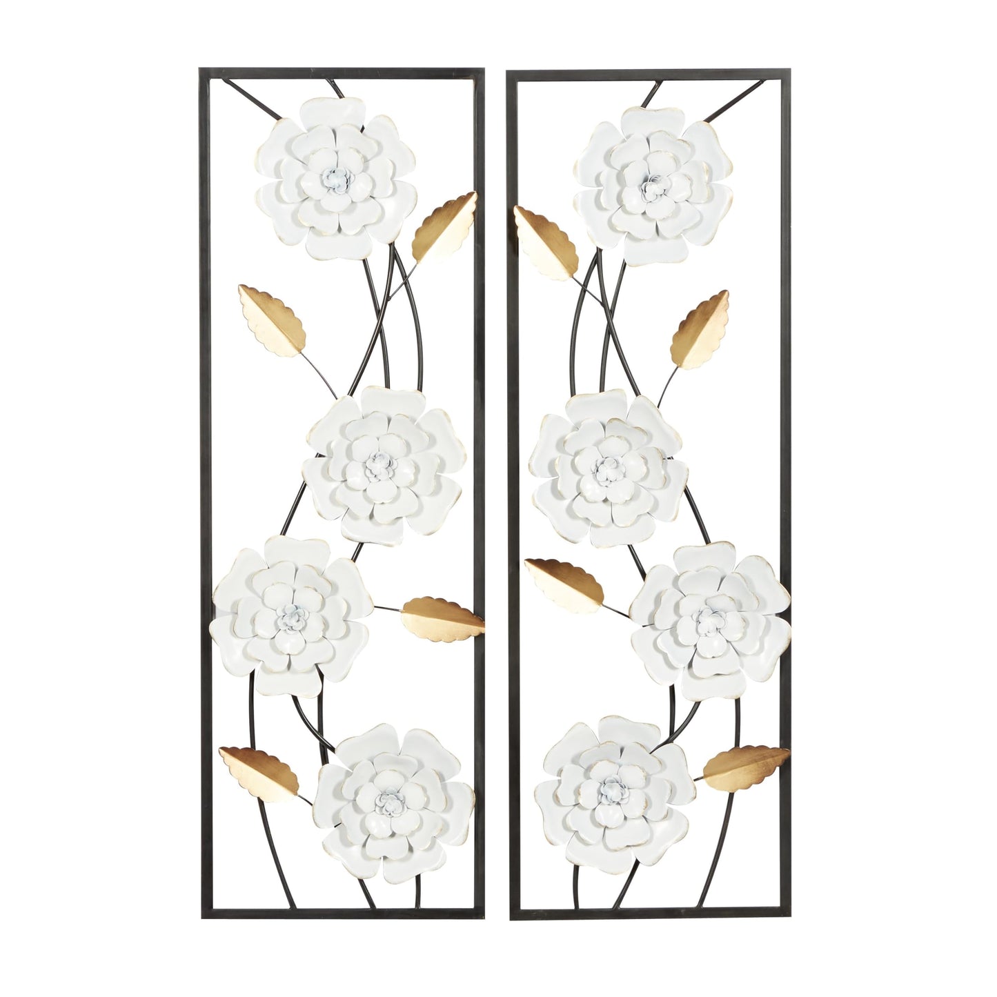 Deco 79 Metal Floral Home Wall Decor Dimensional Floating Wall Sculpture with Black and Gold Accents, Set of 2 Wall Art 12"W, 36"H, White & Gray