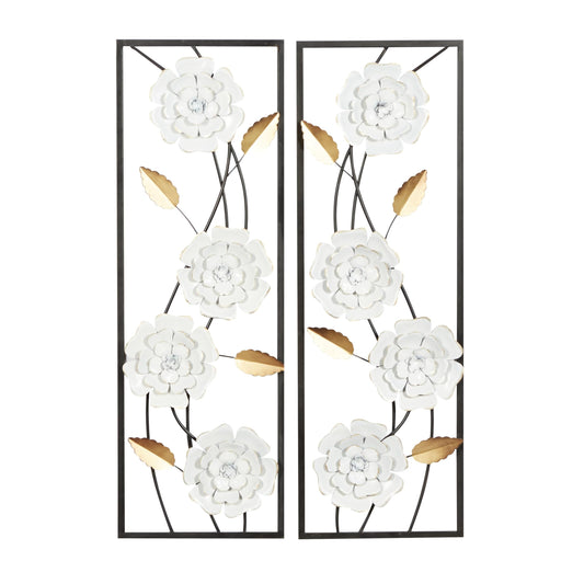 Deco 79 Metal Floral Home Wall Decor Dimensional Floating Wall Sculpture with Black and Gold Accents, Set of 2 Wall Art 12"W, 36"H, White & Gray