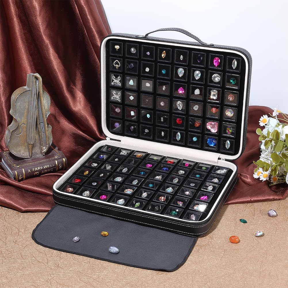 PH PandaHall 96pcs Gemstone Storage Box 1.1" Diamond Displays Tray Leather Crystal Collection Box Black Gem Jars Jewelry Organizer Container with Foam Insert for Rhinestone Beads Showcase Collectibles