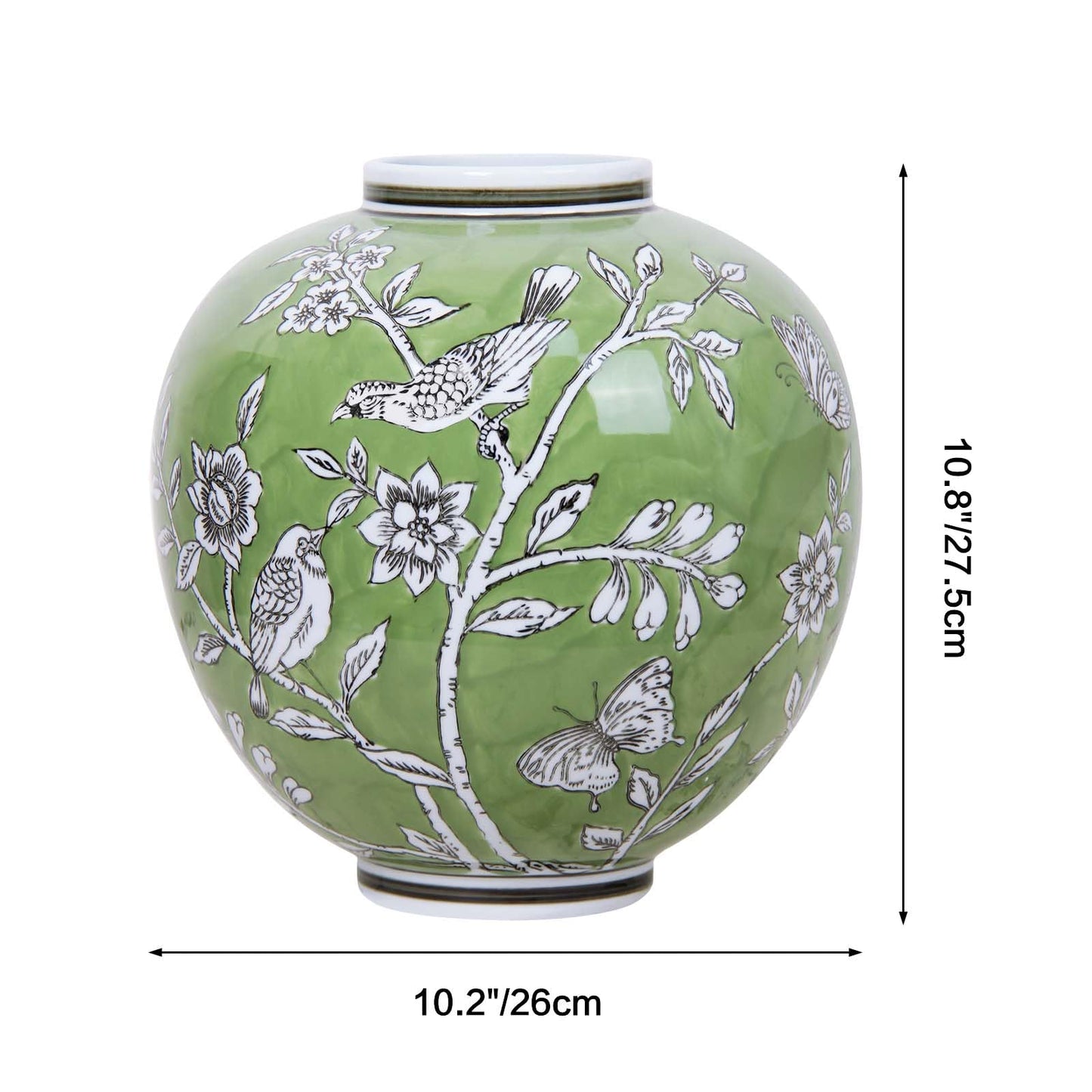Large Ceramic Vase, 10.8 Inch Green Decorative Vases for Living Room, Hand-Painted Chinoiserie Decor Round Vase with Antique Floral-Bird Pattern, Porcelain Vase for Flowers Arrangement