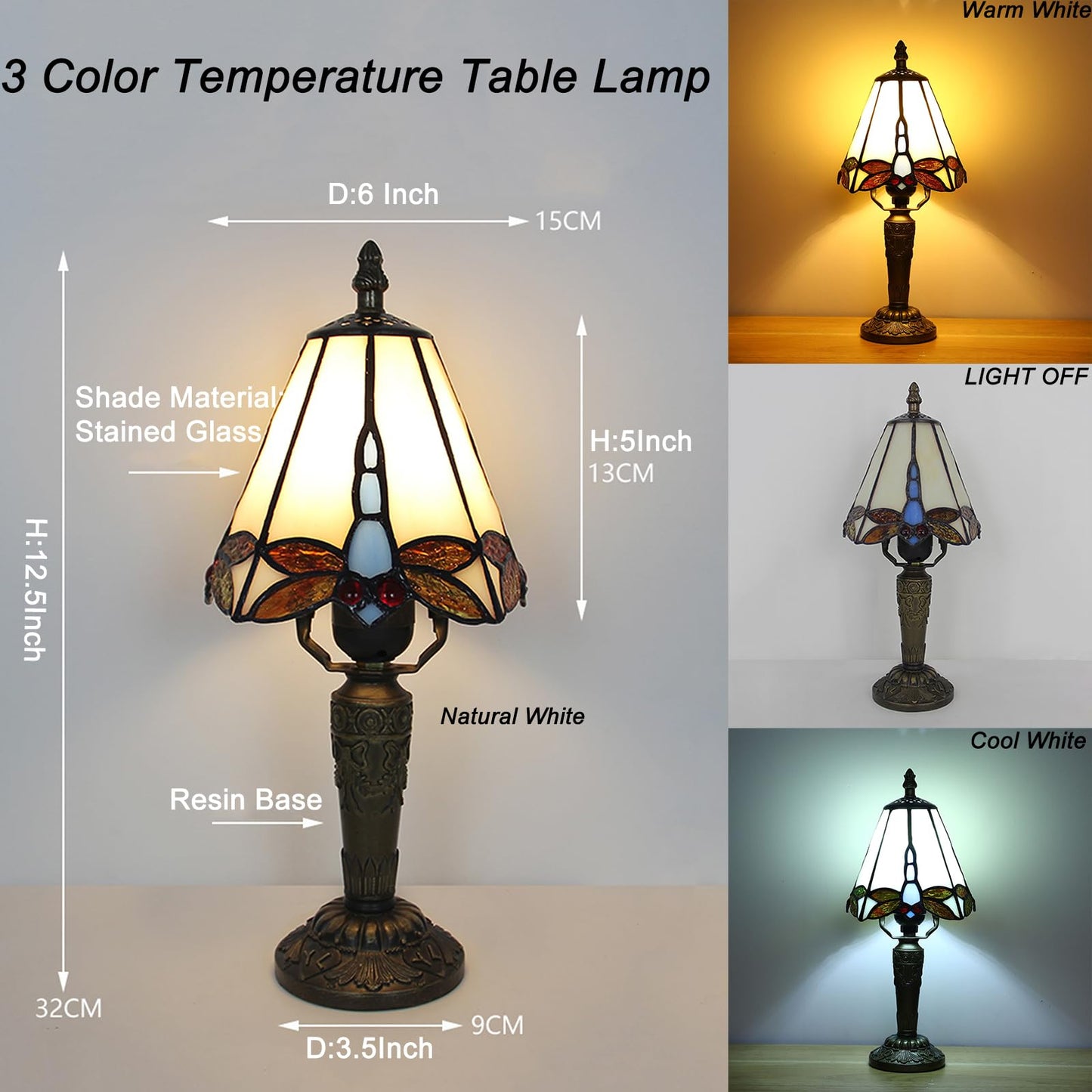 FUMAT Tiffany Small Table Lamp 3-Way Color Temperatures Dragonfly Stained Glass Table Lamps for Living Room, Bedroom Bedside Nightstand Night Light Home Office Desk Lamp+LED Bulb,6X6X12.5Inch