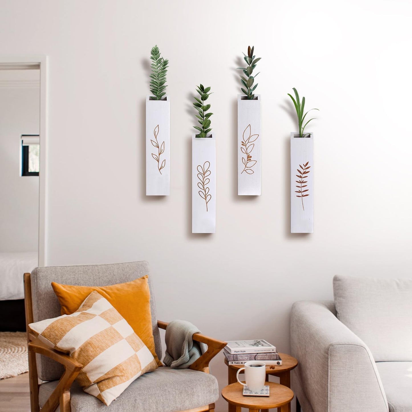 BOTOP Wood Wall Planter, Farmhouse 4 Pack Indoor Pocket Wall Vases Decor for Living Room Bedroom Dried Flowers Faux Greenery Plants (White)