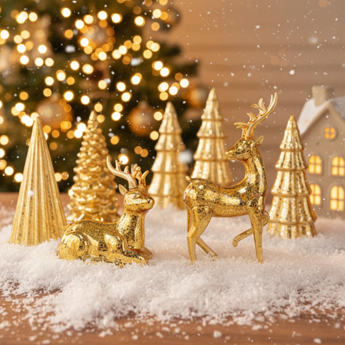 Flutesan 5 Pcs Lighted Mercury Glass Christmas Trees and Reindeer for Tabletop LED Christmas Tree Table Centerpiece Decoration for Home Xmas Party Mantel