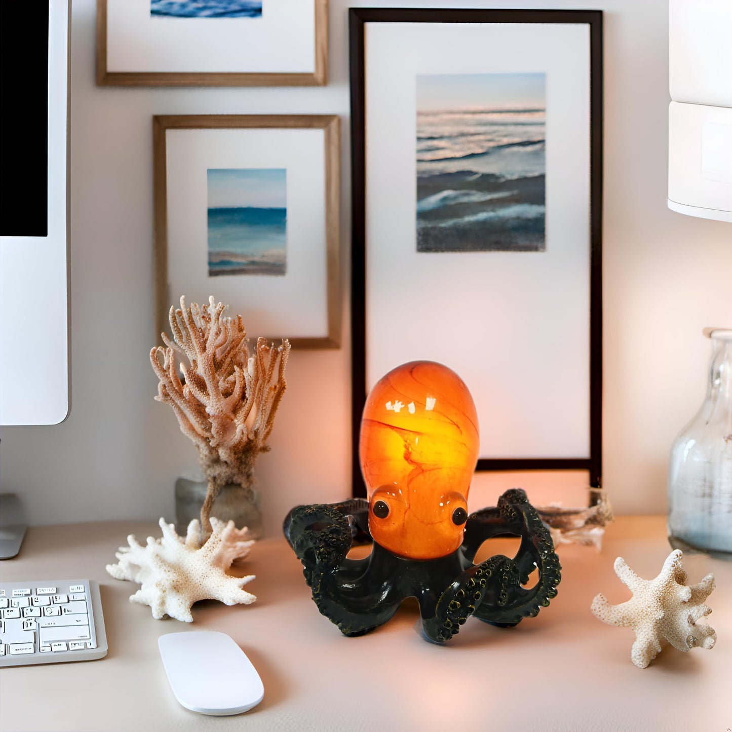 Aotmkj Octopus Lamp, Unique Bronze Resin Suction Cup Texture Tentacles Amber Glass Body Nautical Decor Art Lamp Coastal Accent Decor Night Light