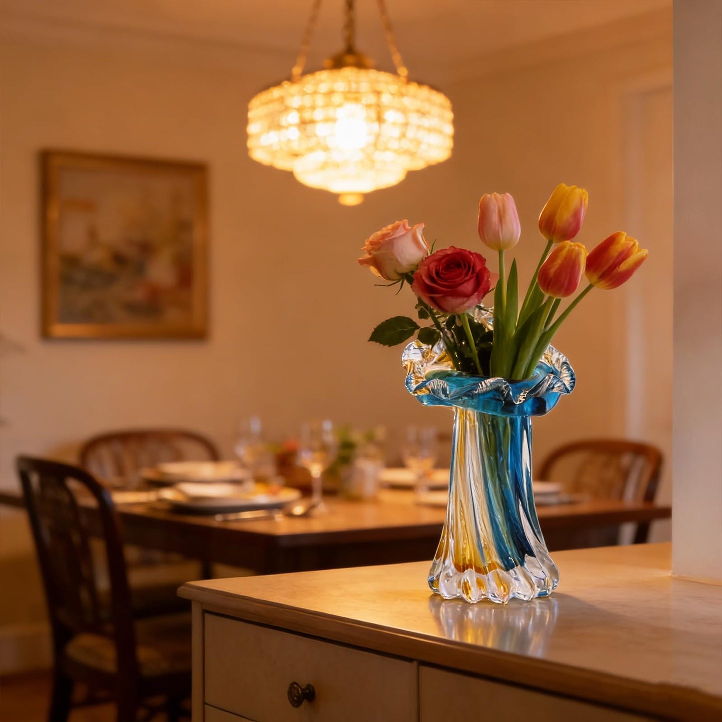 Unique Blue & Gold Hand Blown Art Glass Vase - Blue & Gold Sculptural Flower Vase for Centerpieces, Home Decor & Living Room Table, Centerpieces & Gift
