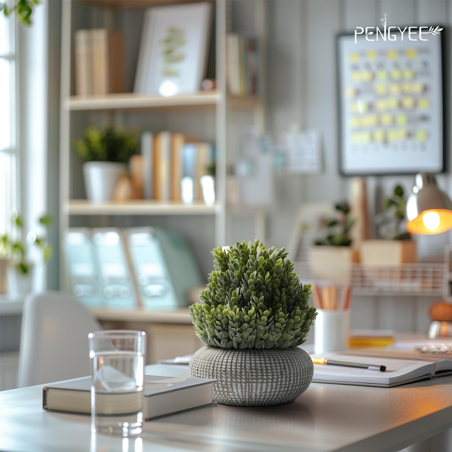PENGYEE Fake Plants Set, 5Pcs Artificial Plants Indoor in Cement Planter for Home Bathroom Bedroom Kitchen Office Room Decor