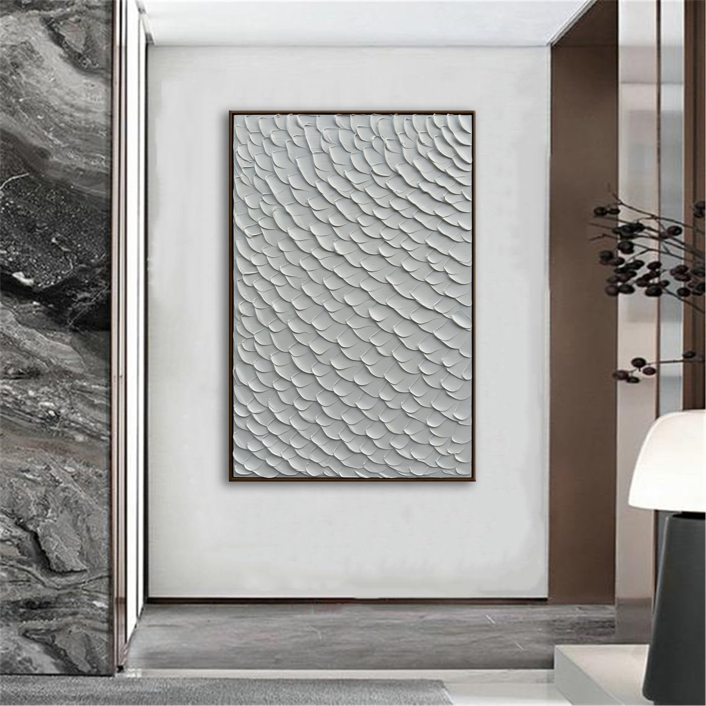 Slyart White Textured Wall Art, Handmade Mermaid Painting Framed Artwork, 3D Vertical Canvas Abstract White Wall Art 24"*36"