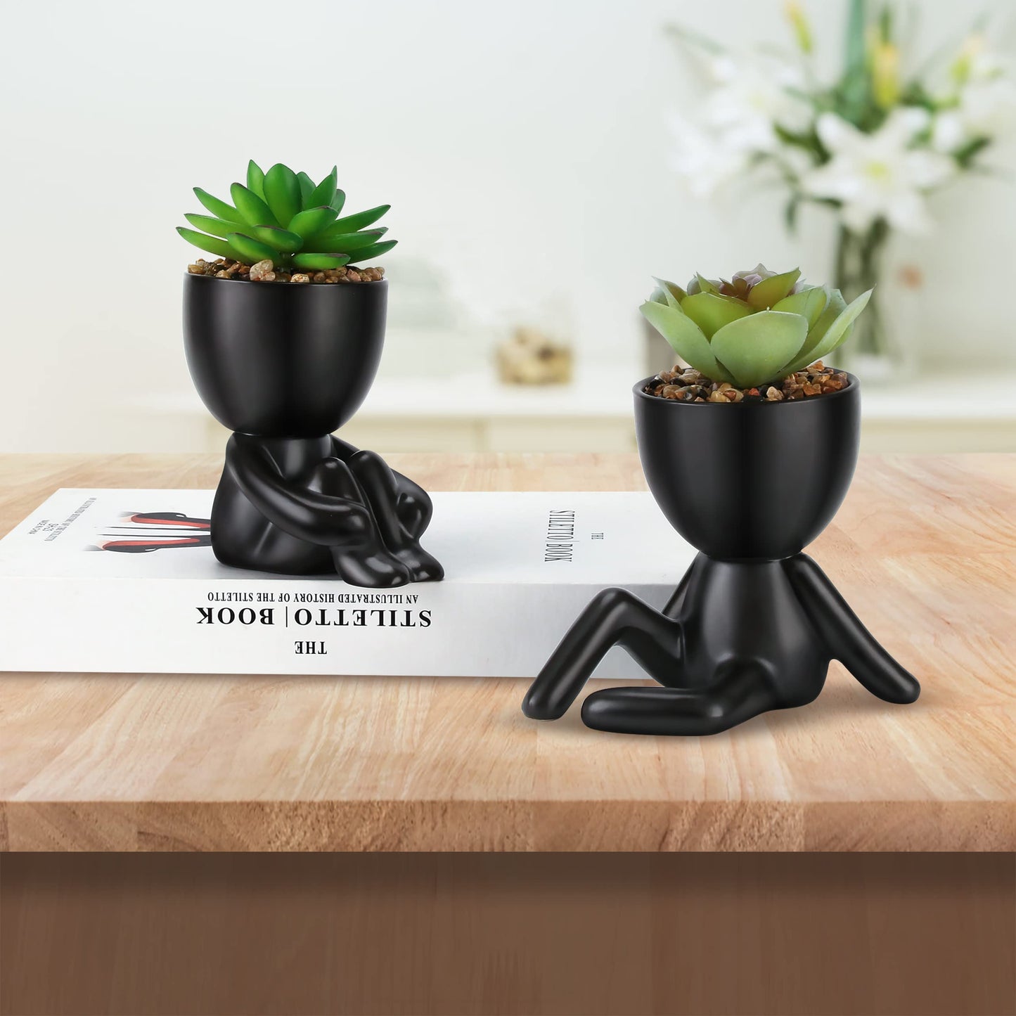 WOODWORD Fake Succulent, Mini Succulents Plants Artificial in Black Modern Human Shaped Ceramic Pots Desk Decor Desk Plant for Office Decor for Women, Cute Fake Plants Bathroom Decor 2PCS