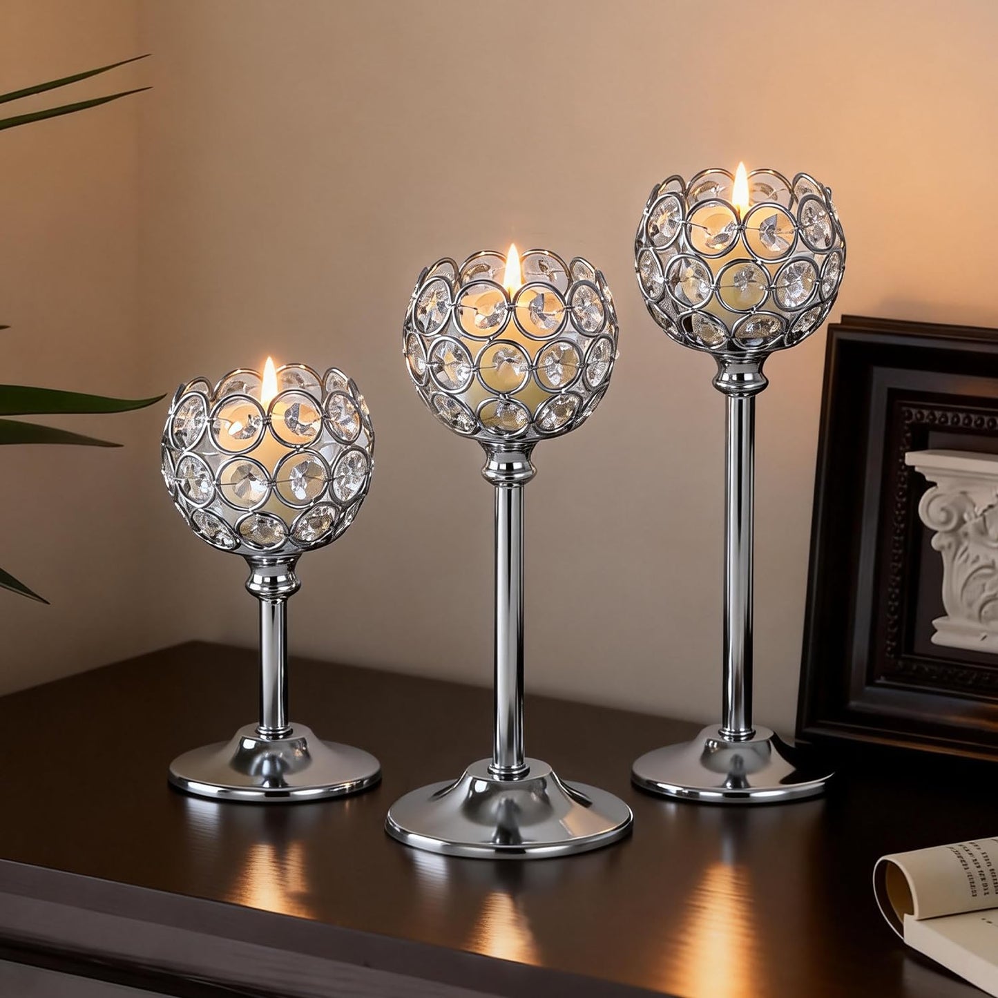 Oakernel Silver Crystal Candle Holders Candlestick Holders - 4 Sets Tall Bling Bowl Candelabra Centerpieces for Dining Table, Wedding, Party & Fireplace Mantel Decor,12Pcs