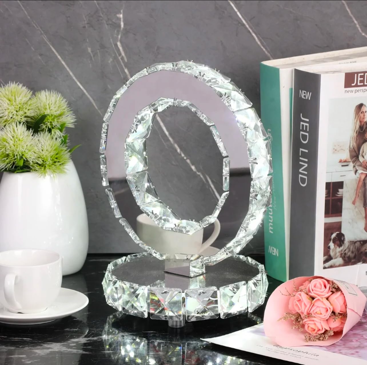 Vase Branch Glass Crystal Ring Design, Crystal LED Table Lamp, White Light
