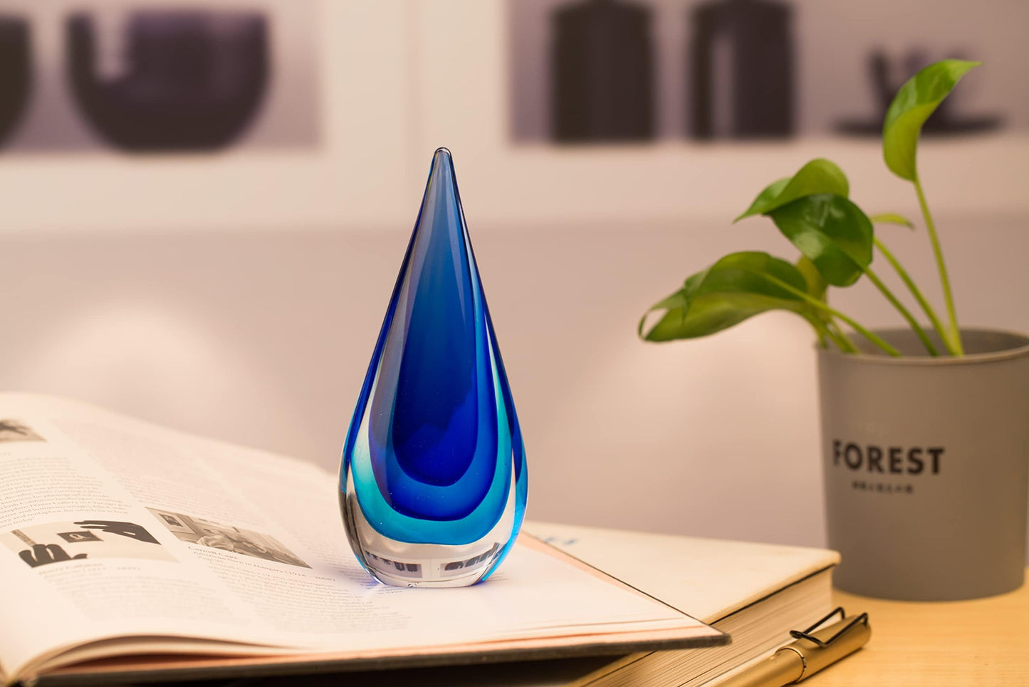 Yao Yuan Glass Sculpture Hand-Blown Murano-Style Glass Statue and Figurine, Blue Teardrop Decor