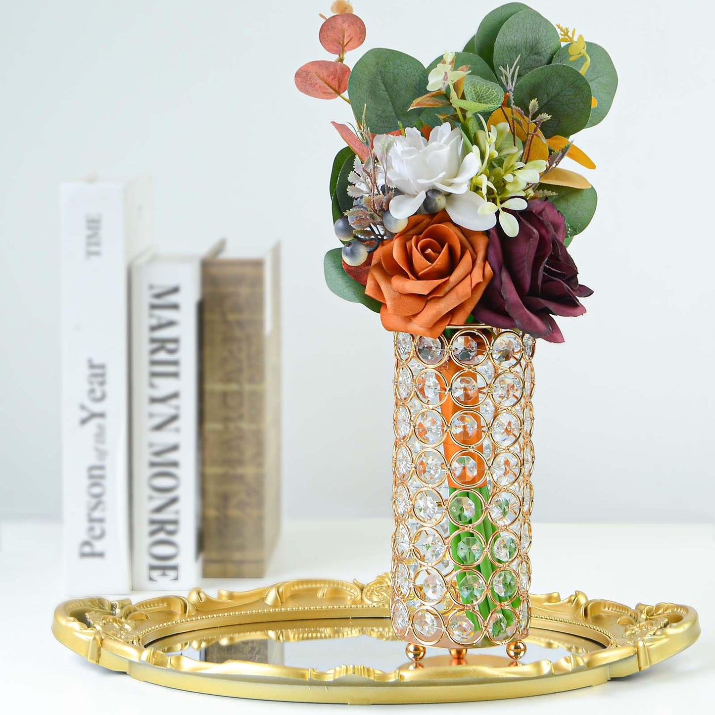 Elegant Crystal Column Vase/Pillar Candle Holder Set, Cylinder Flower Display Tabletop Centerpiece for Weddings & Home Decor (2, Gold)