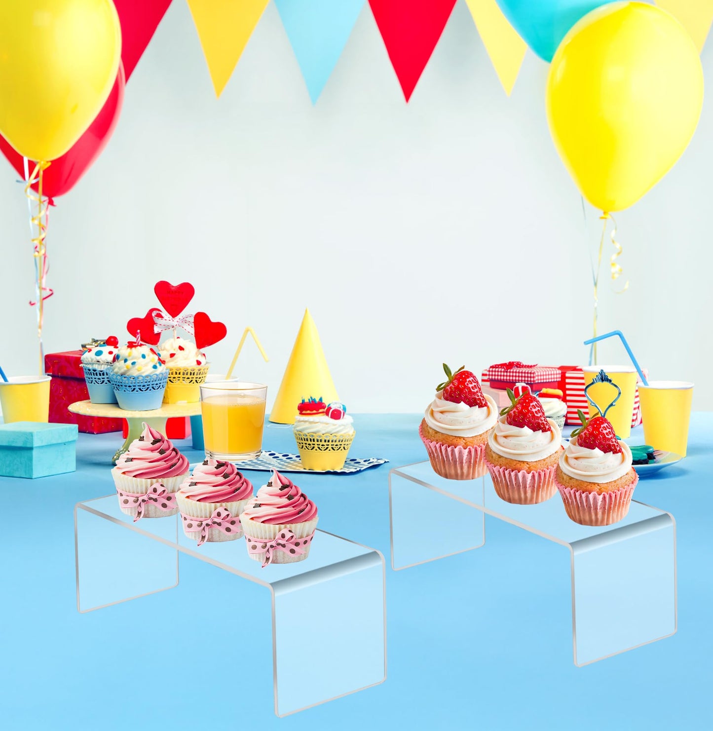Jusalpha 4 PC Clear Acrylic Risers, Acrylic Display Risers Shelf Showcase Fixtures for Jewelry, Display Stand for Amiibo Funko POP Figures, Cupcakes, Food Display, Cabinet- (8''x 4''x 4.5'', 4 sets)