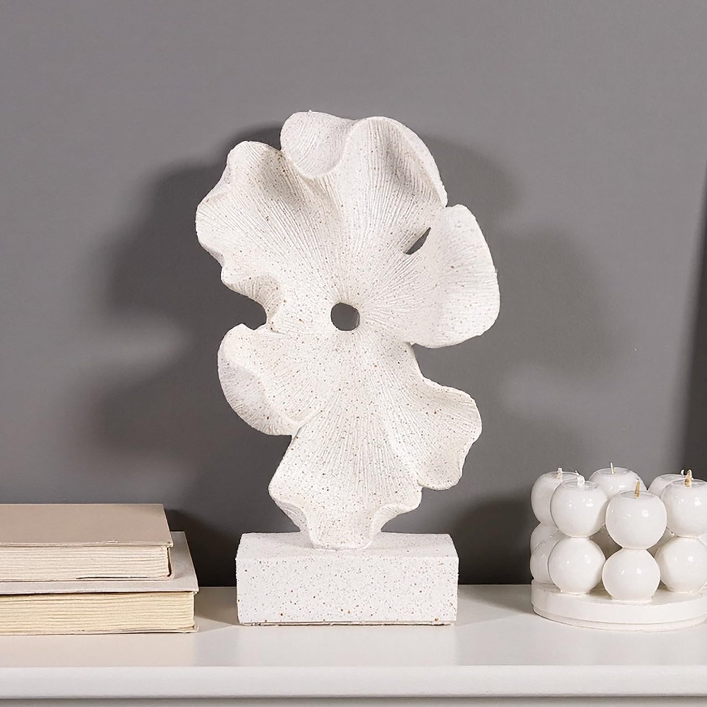 WeiRanHuiWu Abstract Flower Sculpture, White Speckled Resin, 10.63 x 6.3 x 2.56 in, Modern Decorative Figurine on Base