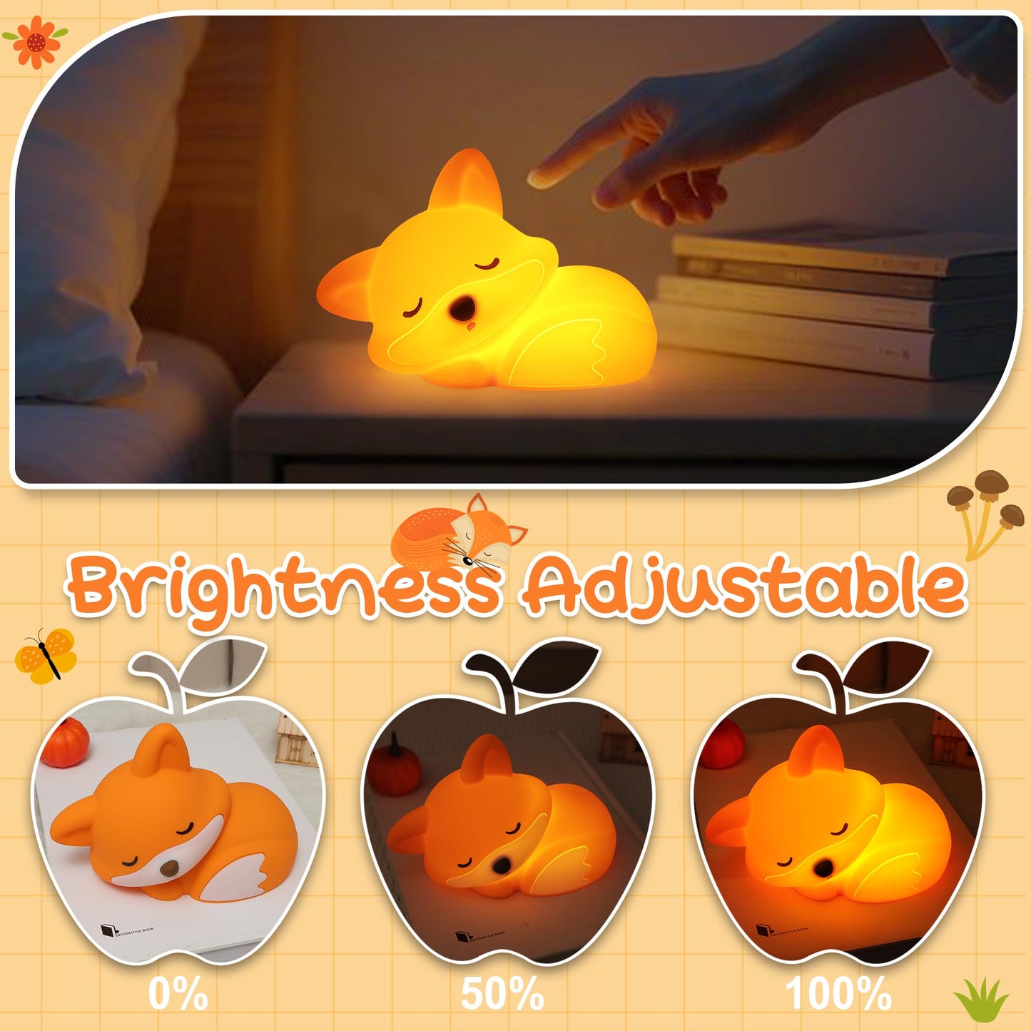 Okayera Fox Night Light for Kids, Rechargeable Squishy Silicone Fox Lamp with Dimmable Timer, Nursery Breastfeeding Toddler Bedside Decor, Birthday White Elephant Novelty Gift for Baby Girl Boy Friend