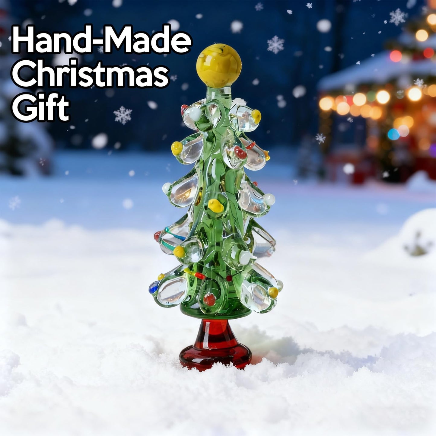 Handmade Glass Christmas Tree with Gift Box, Tabletop Blown Crystal Christmas Tree Gift for Women, Green Small Christmas Figurine Tree Decoration, Healing Stone for Office Home