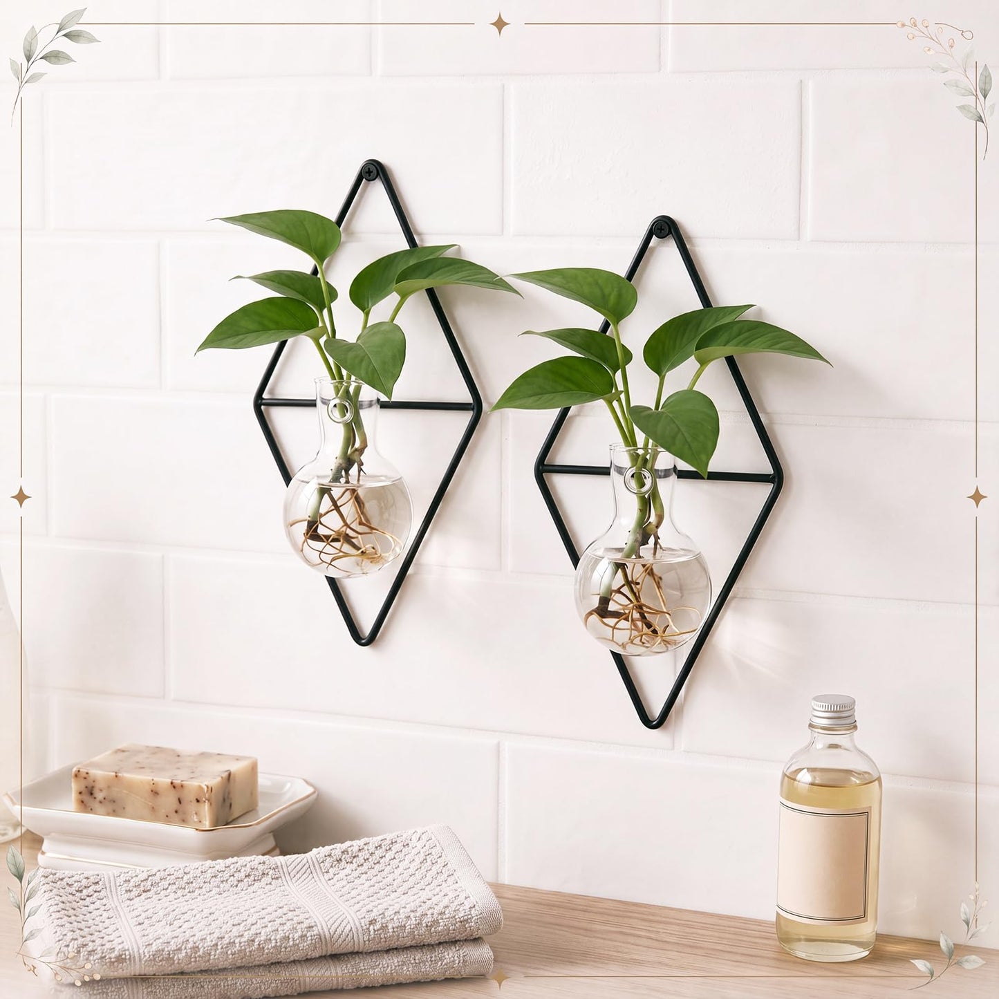 Ferrochef 2 Pack Wall Hanging Glass Vase with Metal Frame, Wall Mounted Plant Propagation Station, Diamond Shape Hydroponic Glass Planters with Iron Holder and Screws for Indoor Decor (Black)