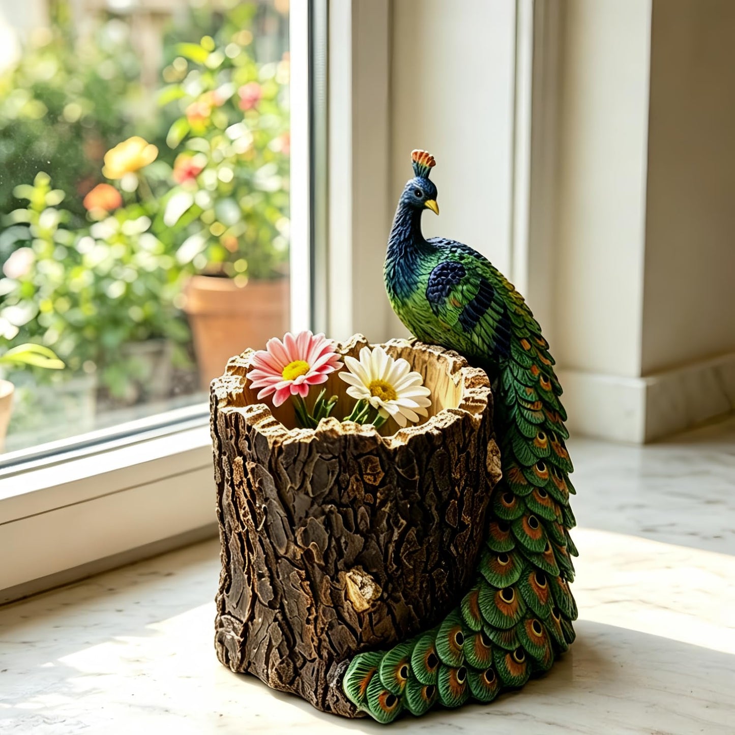 Big Stone Art Peacock Figurine Tree Stump Planter, Resin, Decorative Flower Pot for Indoor and Outdoor Use, Pen Holder Desk Organiser Nature Theme Garden Decor, Statue Sculpture (Blue)