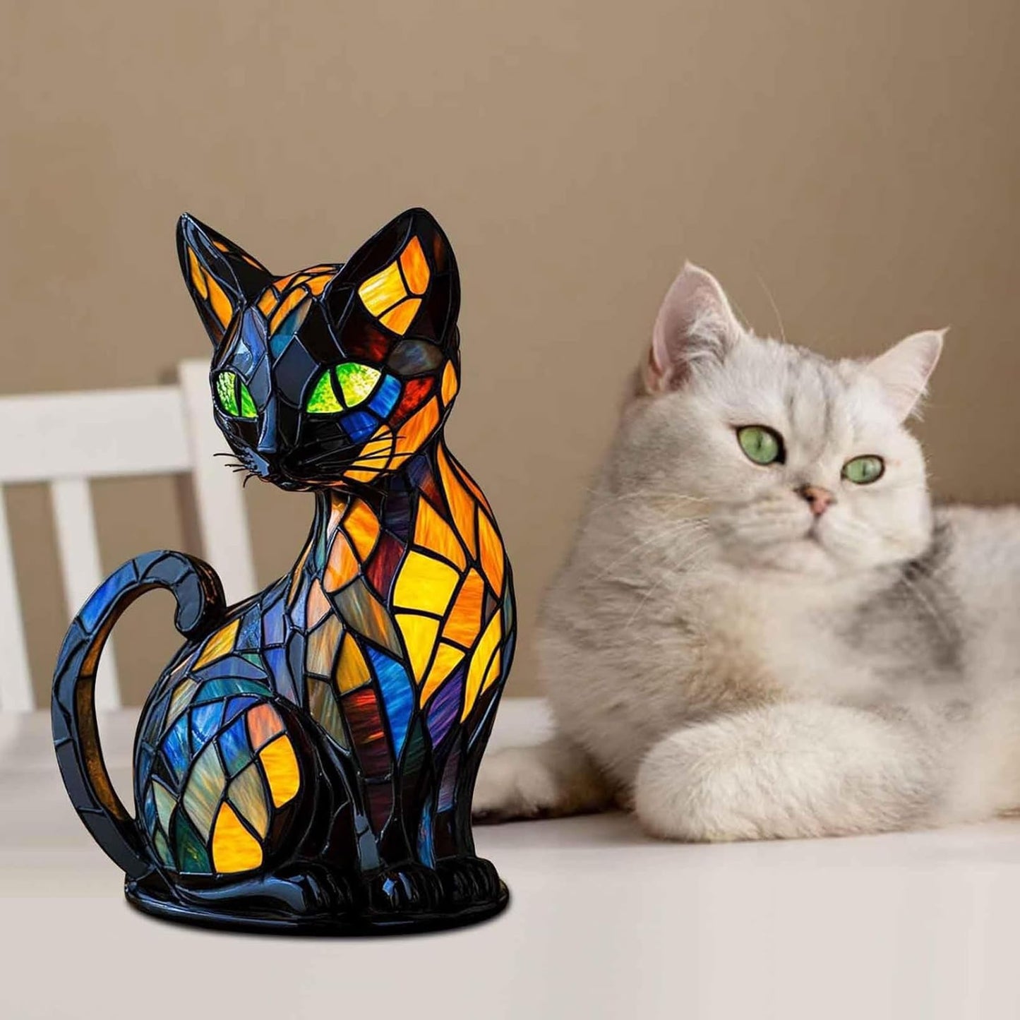 hopanrel New Series Art Desk Lamp, Lamps for Night Stands, Stained Resin Cat Tabletop Light, Cute Pet Cats Themed Led Table Lamps, Creative Animals Table Lamp, Fun Gift for Cat Lovers (A)