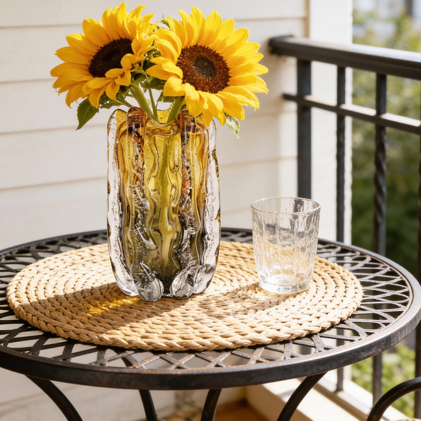Blown Glass Bubble with Ruffled Edge Vase, Art Glass for Home Decor, Tall Vases for Centerpieces & Flowers, Crystal-Like for Bouquets & Pampas Grass, Vases Amber, Flower Bouquet Display (Yellow, L)