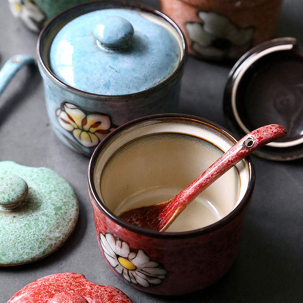 VanEnjoy Traditional China Retro Hand Painted Flower Ceramic Round Sugar Spice Containers Porcelain Jar with Spoon Round Condiment