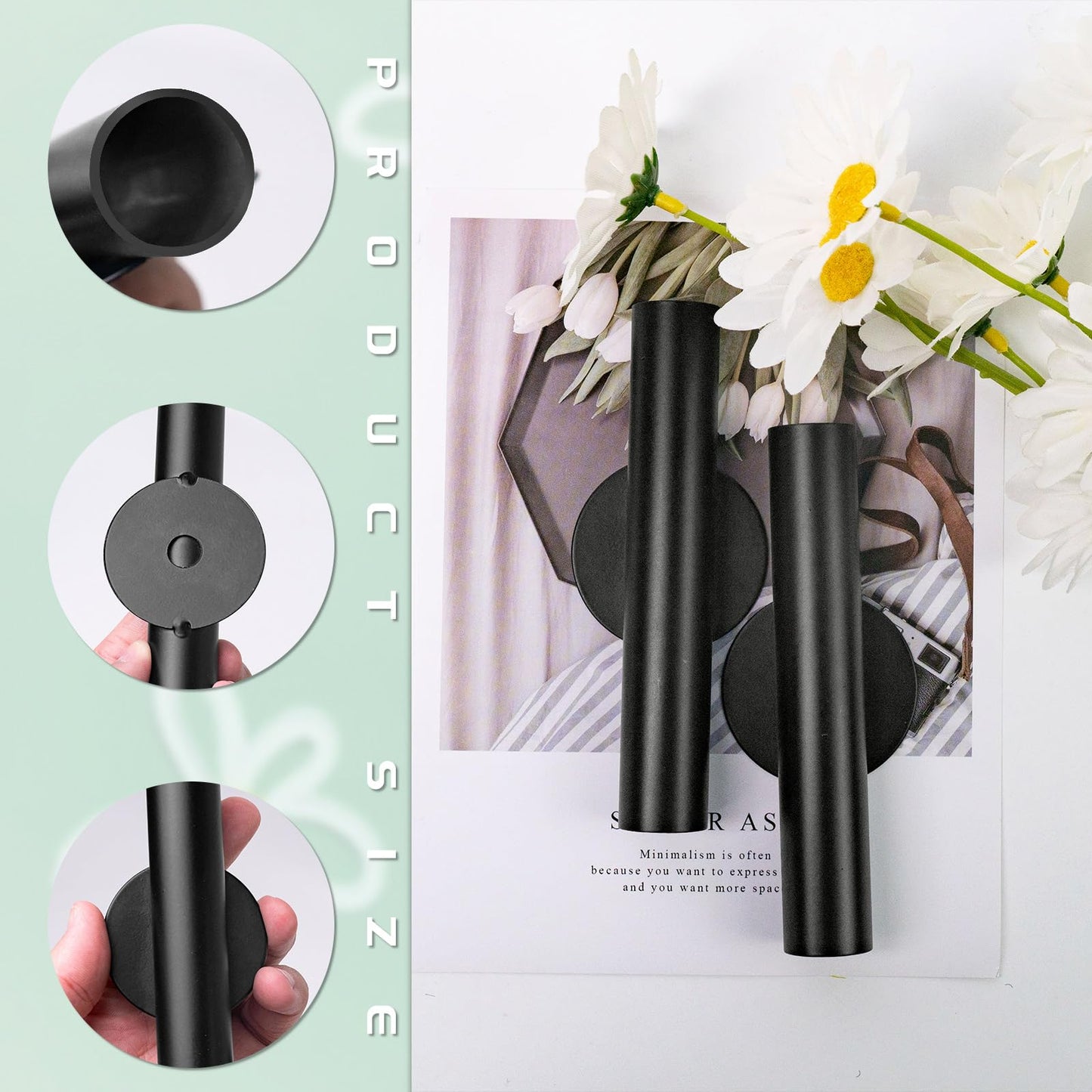 3 Pcs Wall Mounted Vases Wall Vases for Decor Dried Flower Wall Decor Flower Wall Sconce Black Metal Flower Vase with Sticker for Home Office Flower Display Decoration (Black)