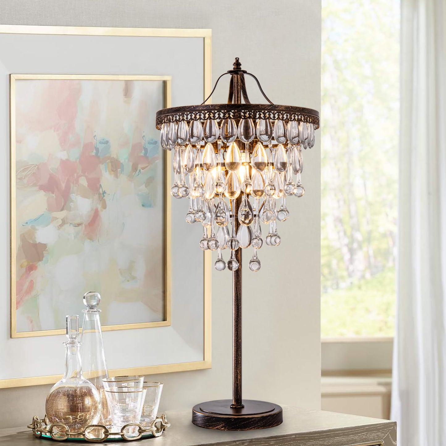 TOCHIC 3 Lights Crystal Table Lamp for Living Room, Bedside Table Lamp for Bedroom Dimmable Control, 28" Tall Bronze Antique Modern Desk Nightstand Lamp for Entryway, Staircase, Home Office