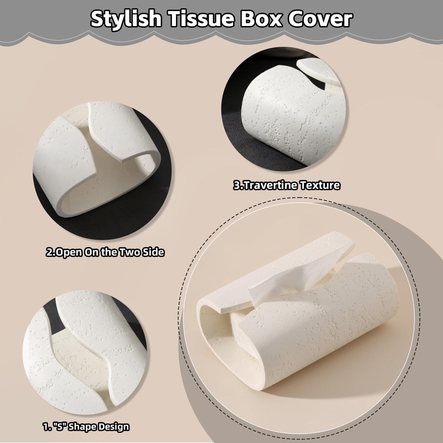 WUUAHOME Tissue Box Cover Rectangle, Travertine Stone Look, Cream