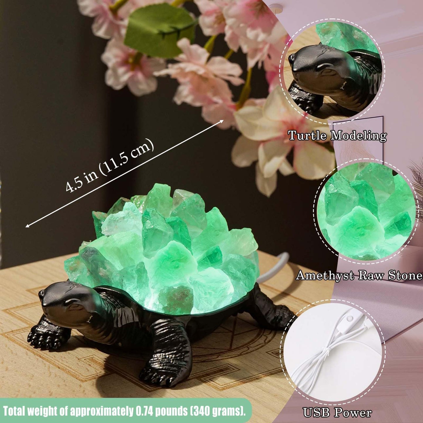 Runyangshi Natural Green Fluorite Turtle Night Lamp Healing Crystal Bedroom Bedside Table Lamp USB Port Home Decoration Women Men Decor Gift