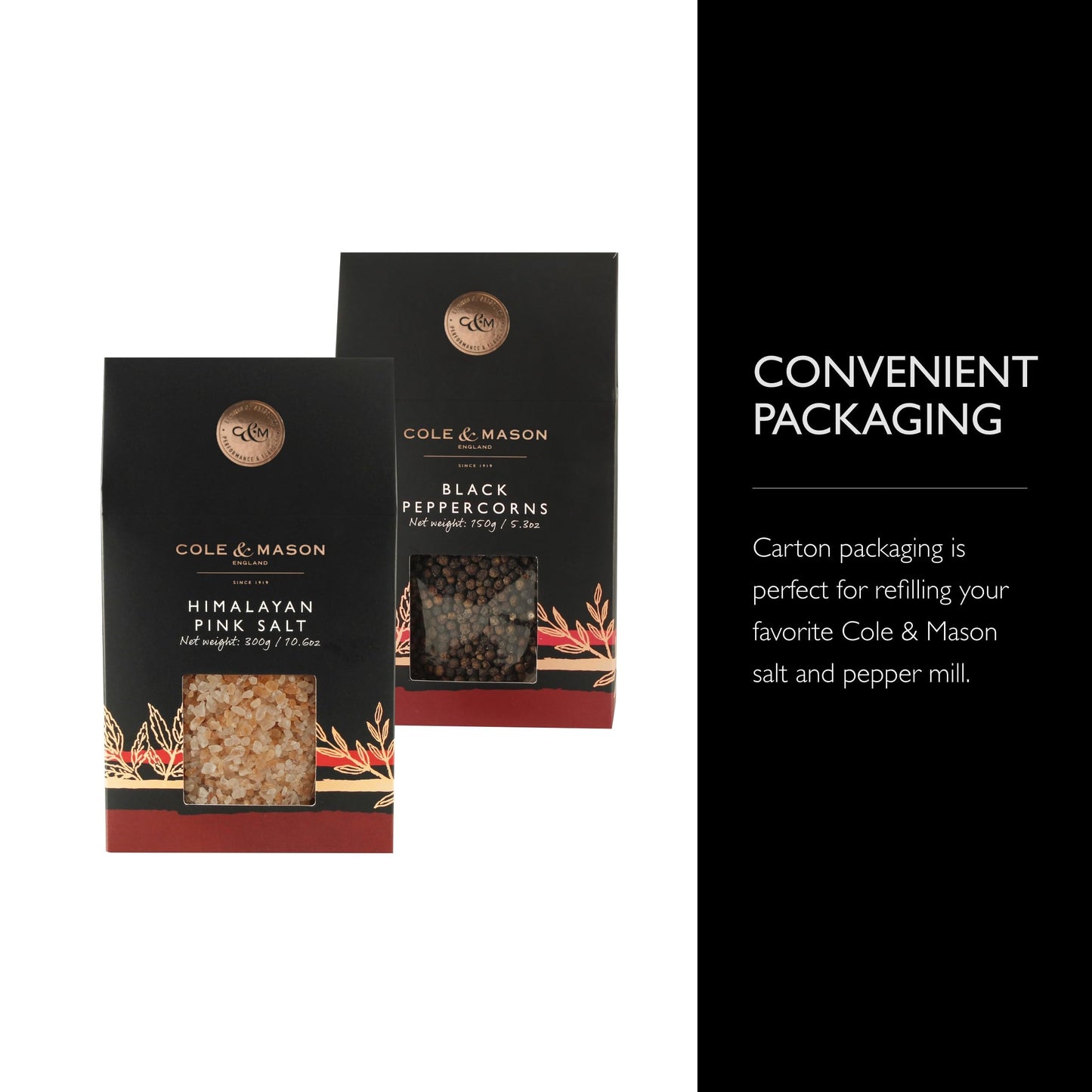 Cole & Mason Gourmet Spice Refill Box - Pairs Well with Chicken, Beef, Pork & More - Peppercorn Refill for Salt & Pepper Mill Grinder - Himalayan Pink Salt & Black Pepper 15.9 Oz Box Set