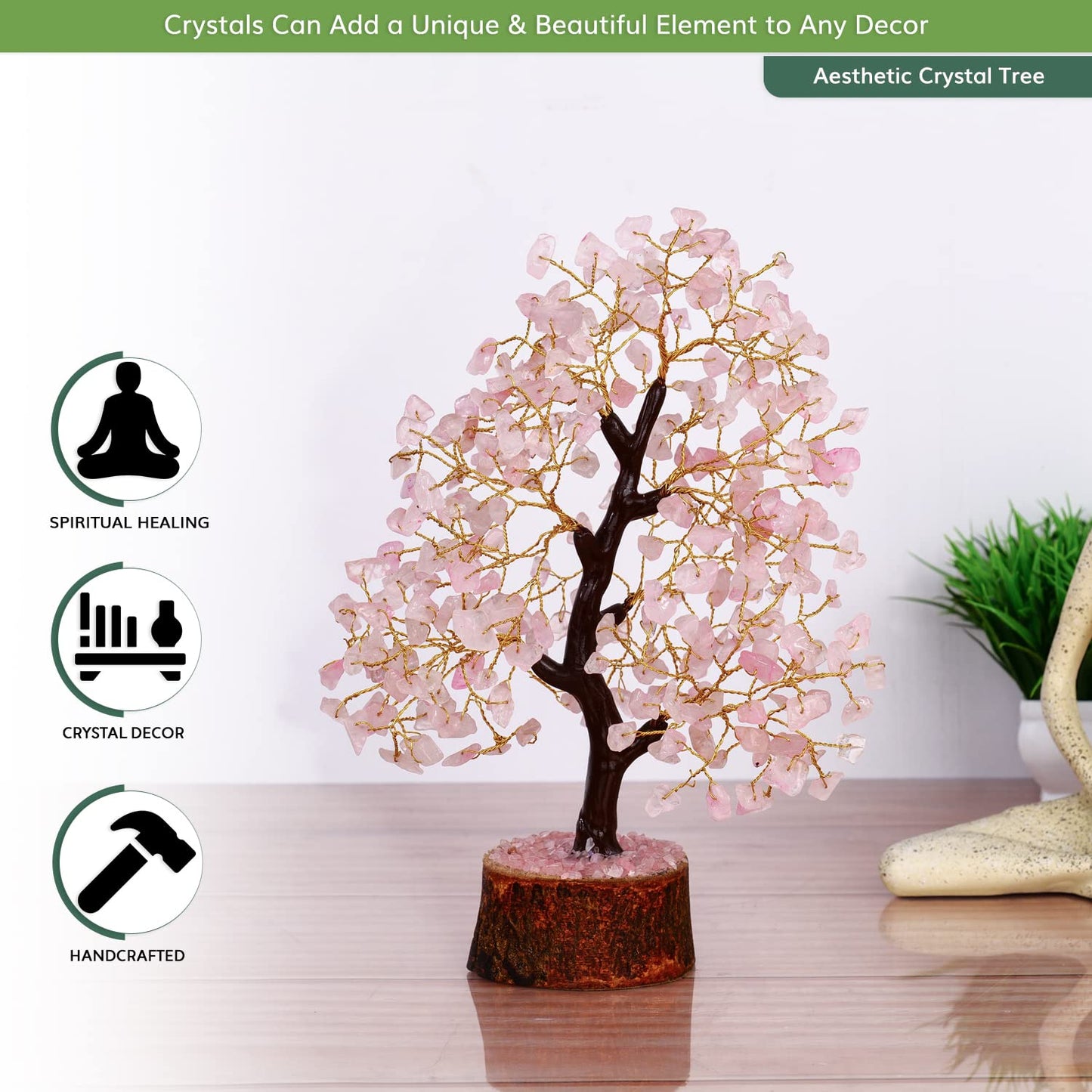 NARIBABU Rose Quartz Crystal Tree with Golden Wire – 10-12 Inch Gemstone Tree on Wooden Base – Gifts for Her, Crystal Decor, Spiritual Gift, Birthday Gift for Women, Healing Trees for Home