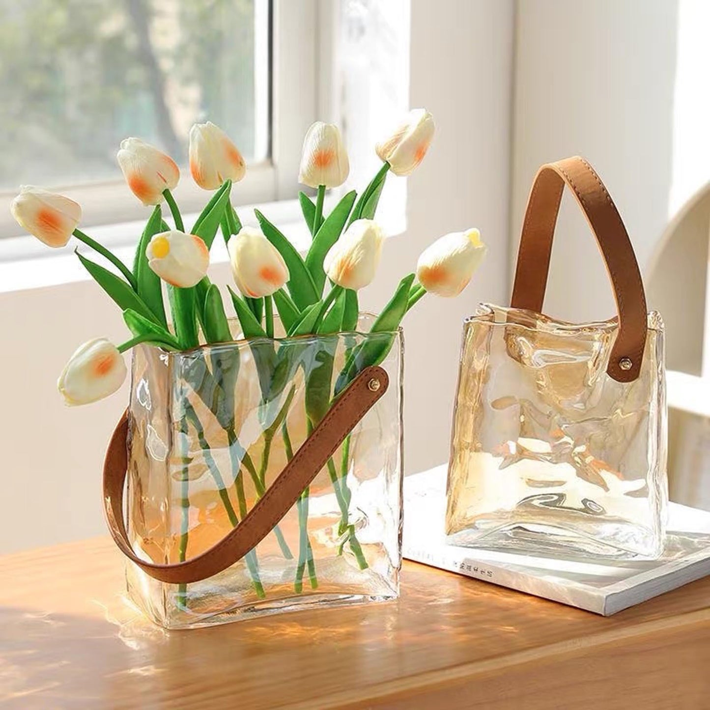 Handmade Leather - Handle Handbag - Style Glass Vase - Simple Elegance for Your Space(Amber)